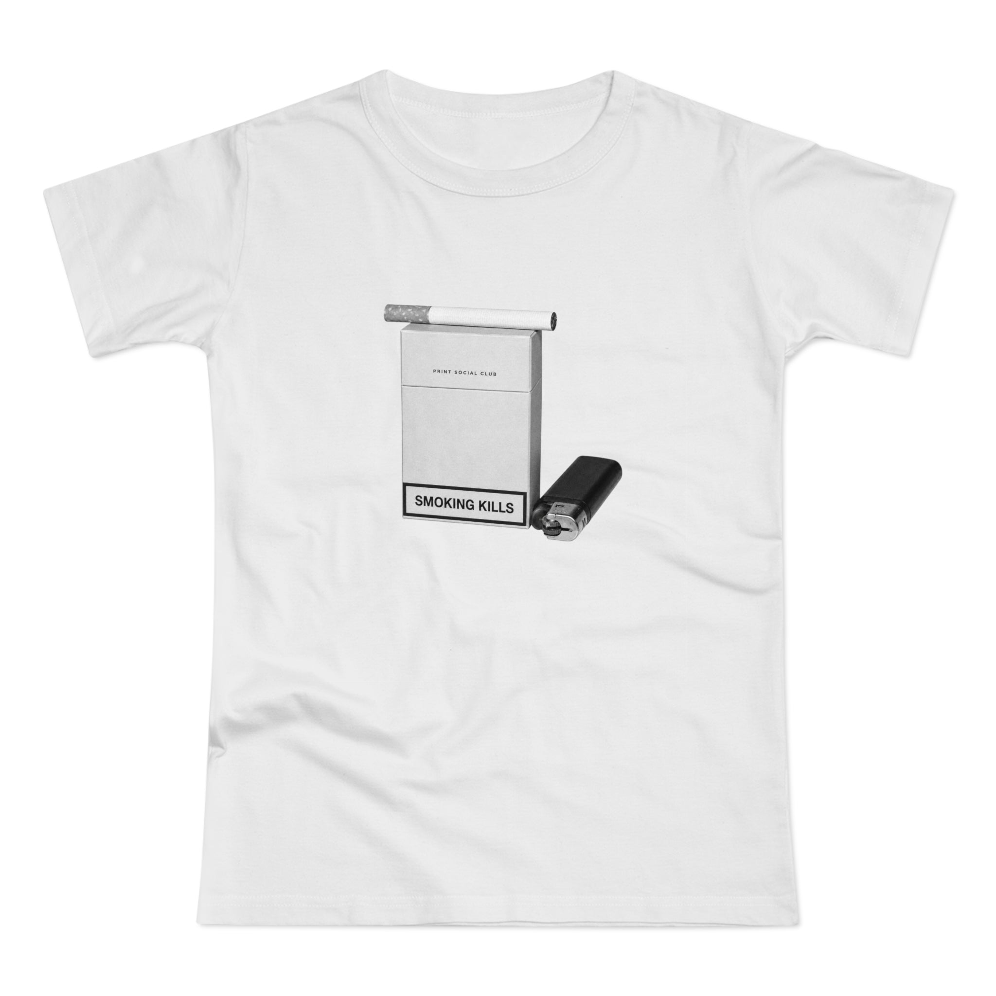 Smoking Kills print on white women's fitted tee, front view