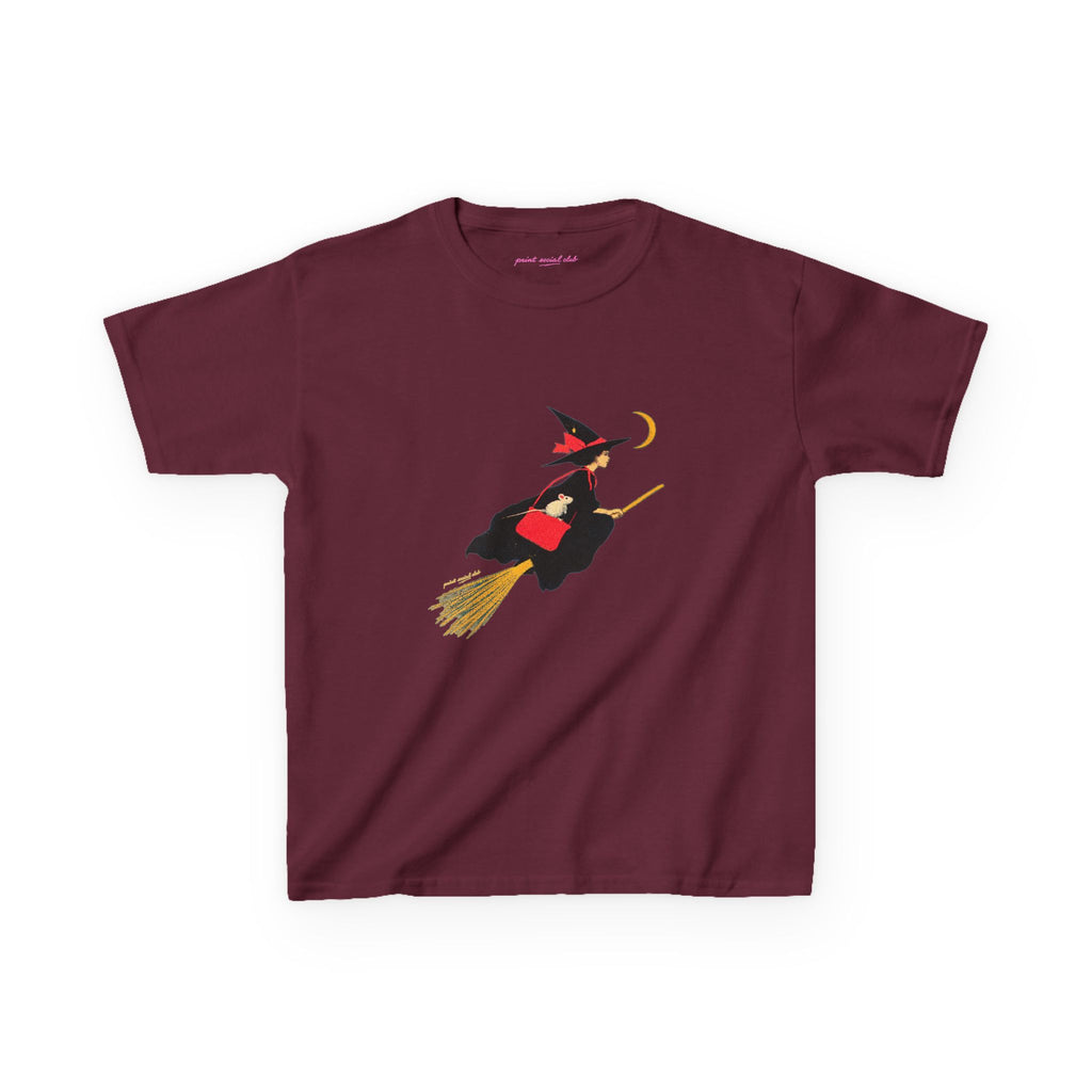 Flying Witch Baby Tee in Maroon, front