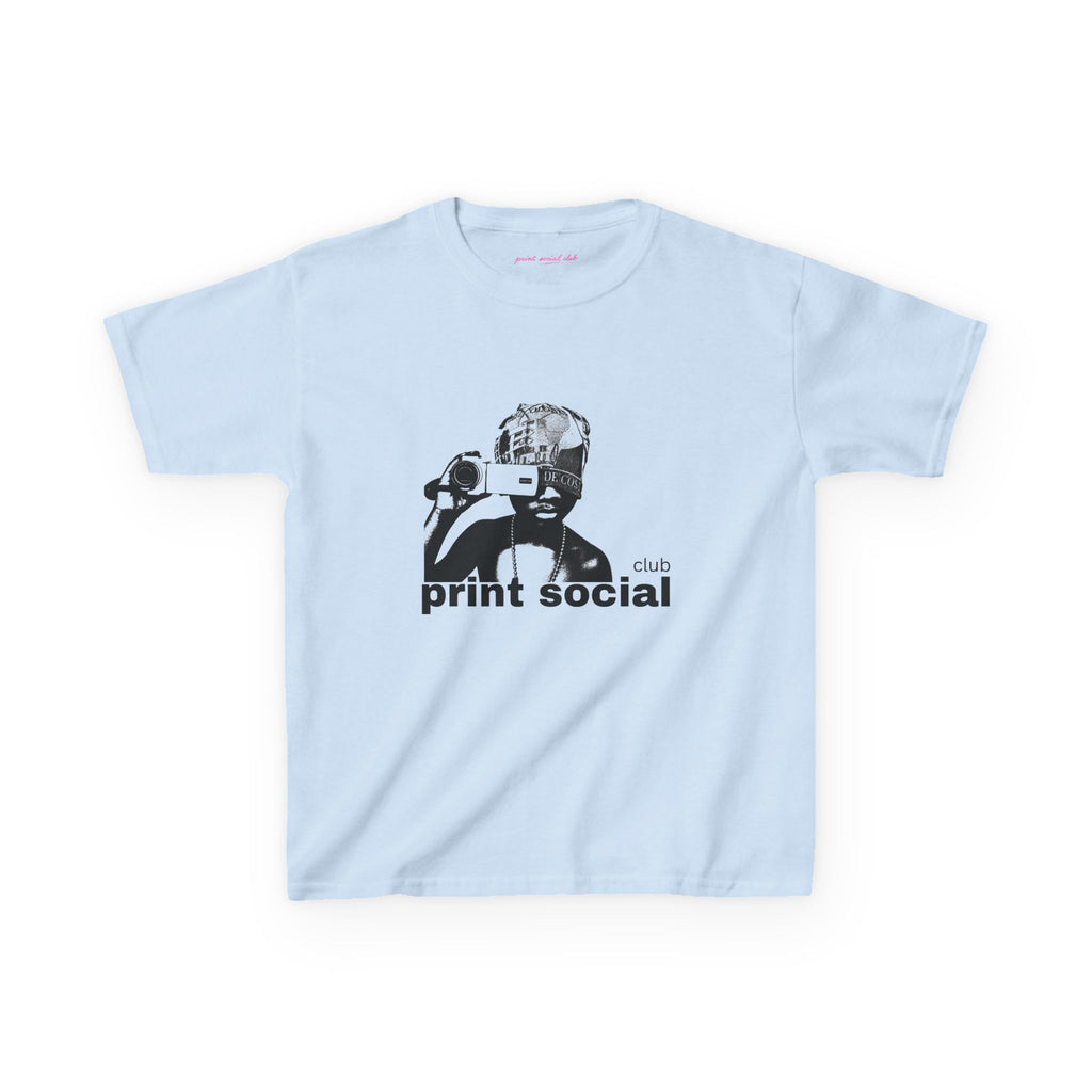 Camera Kid Baby Tee in Light Blue, front