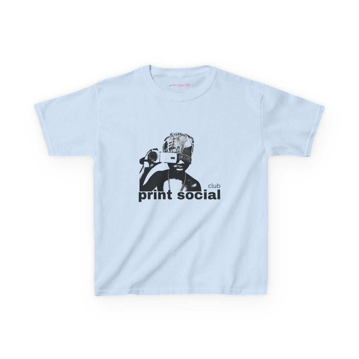 Camera Kid Baby Tee in Light Blue, front