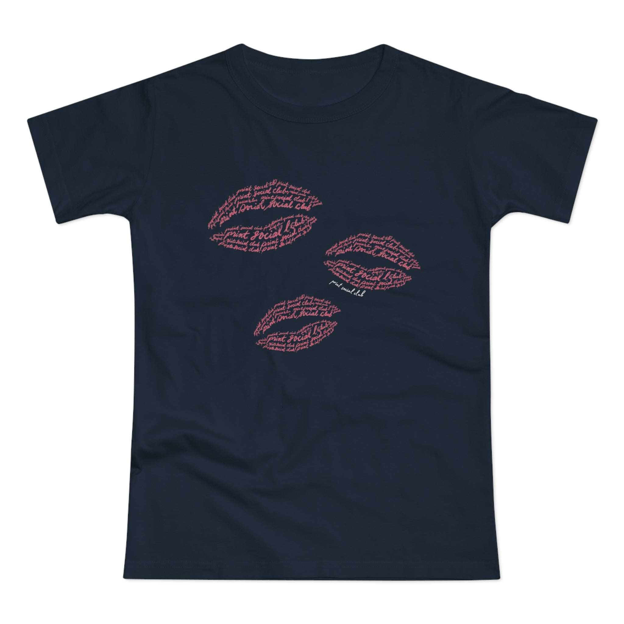 Print Kisses print on navy women's fitted tee, front view
