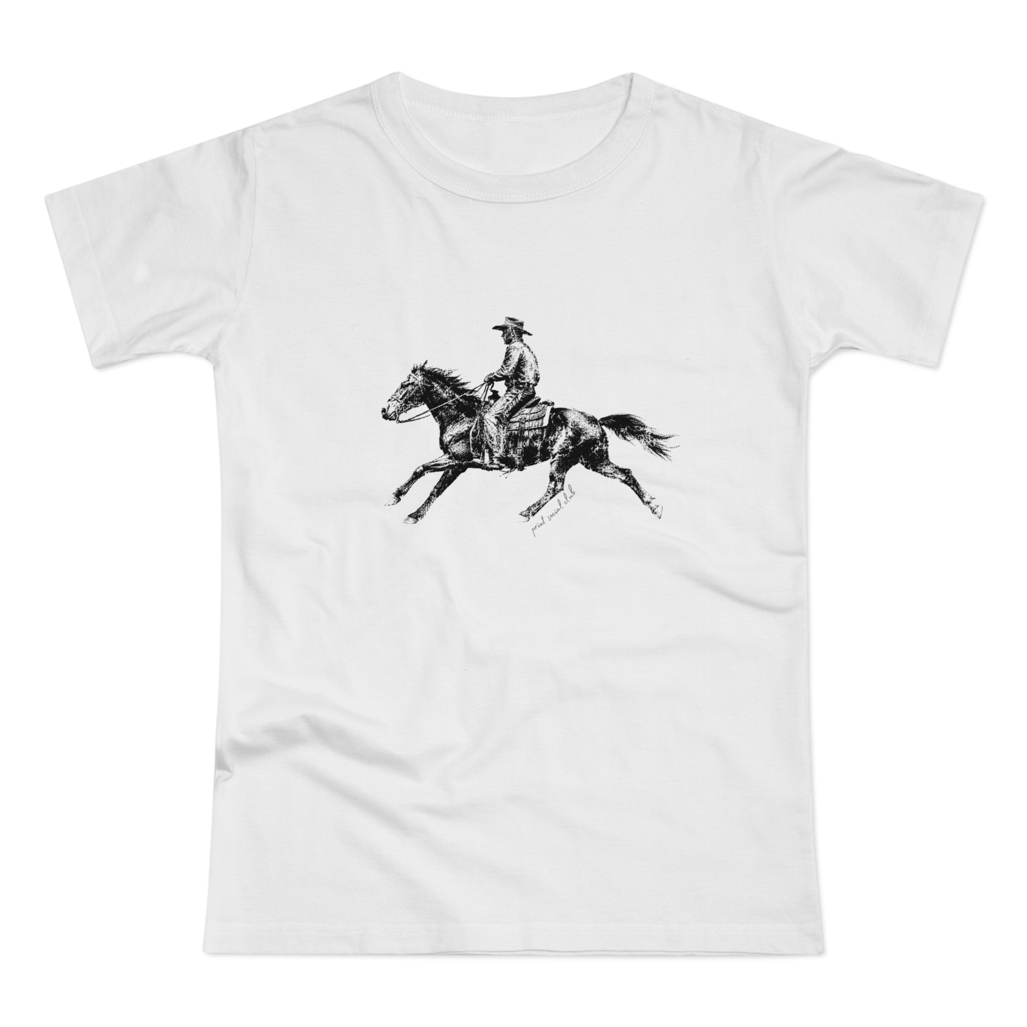 Wild West print on white women's fitted tee, front view