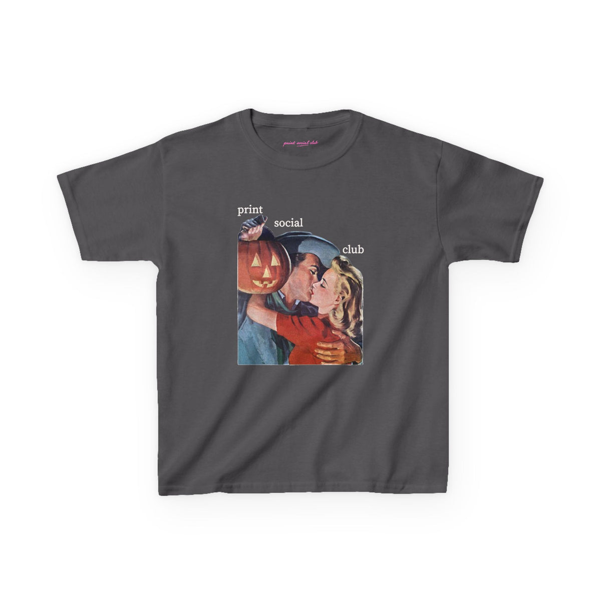 Pumpkin Kiss Baby Tee in Charcoal, front