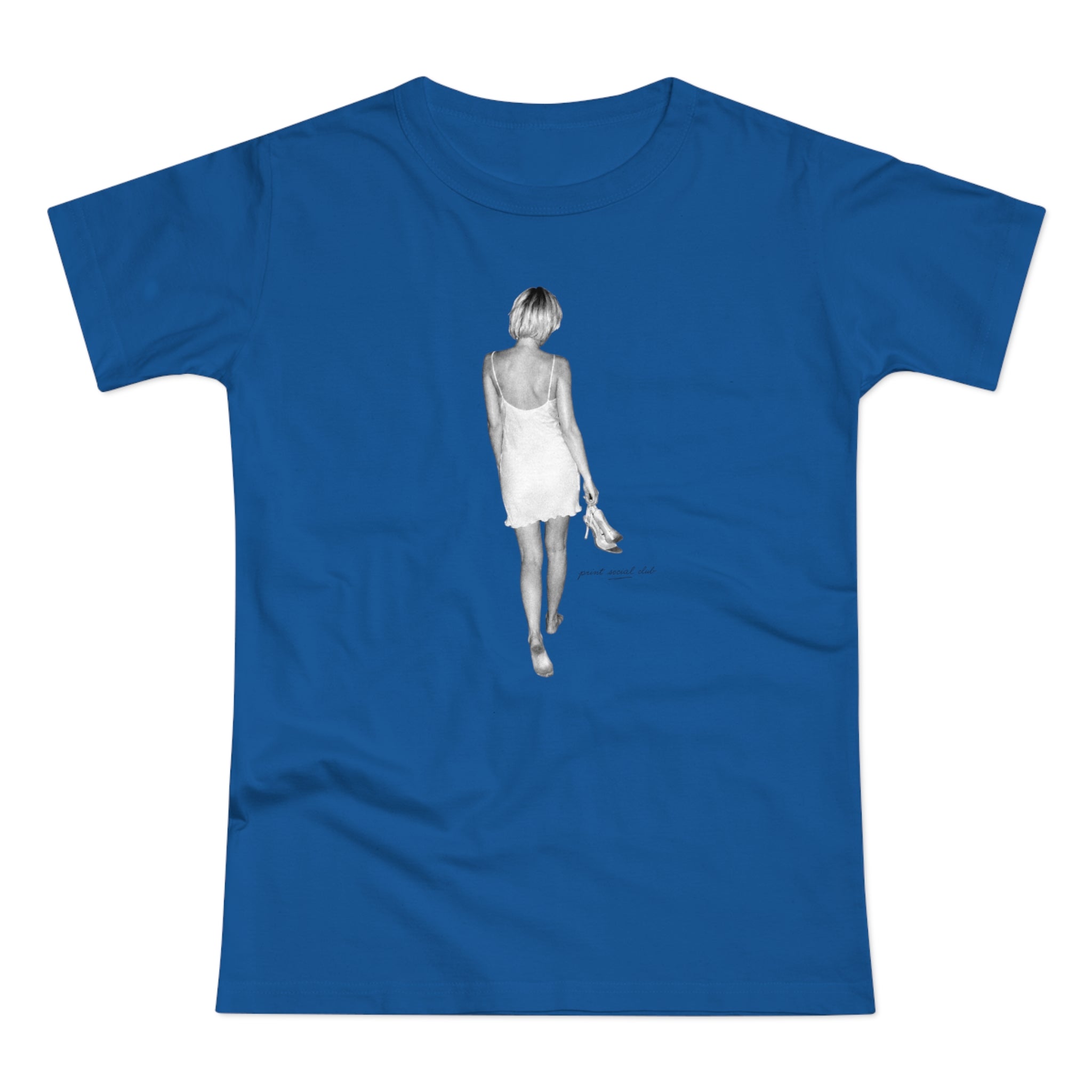 Heels in Hand print on royal blue women's fitted tee, front view