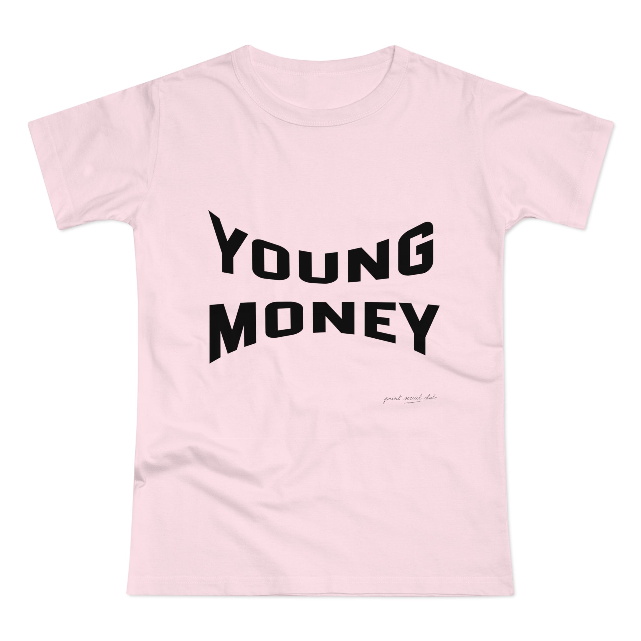 Young Money print on orchid pink women's fitted tee, front view