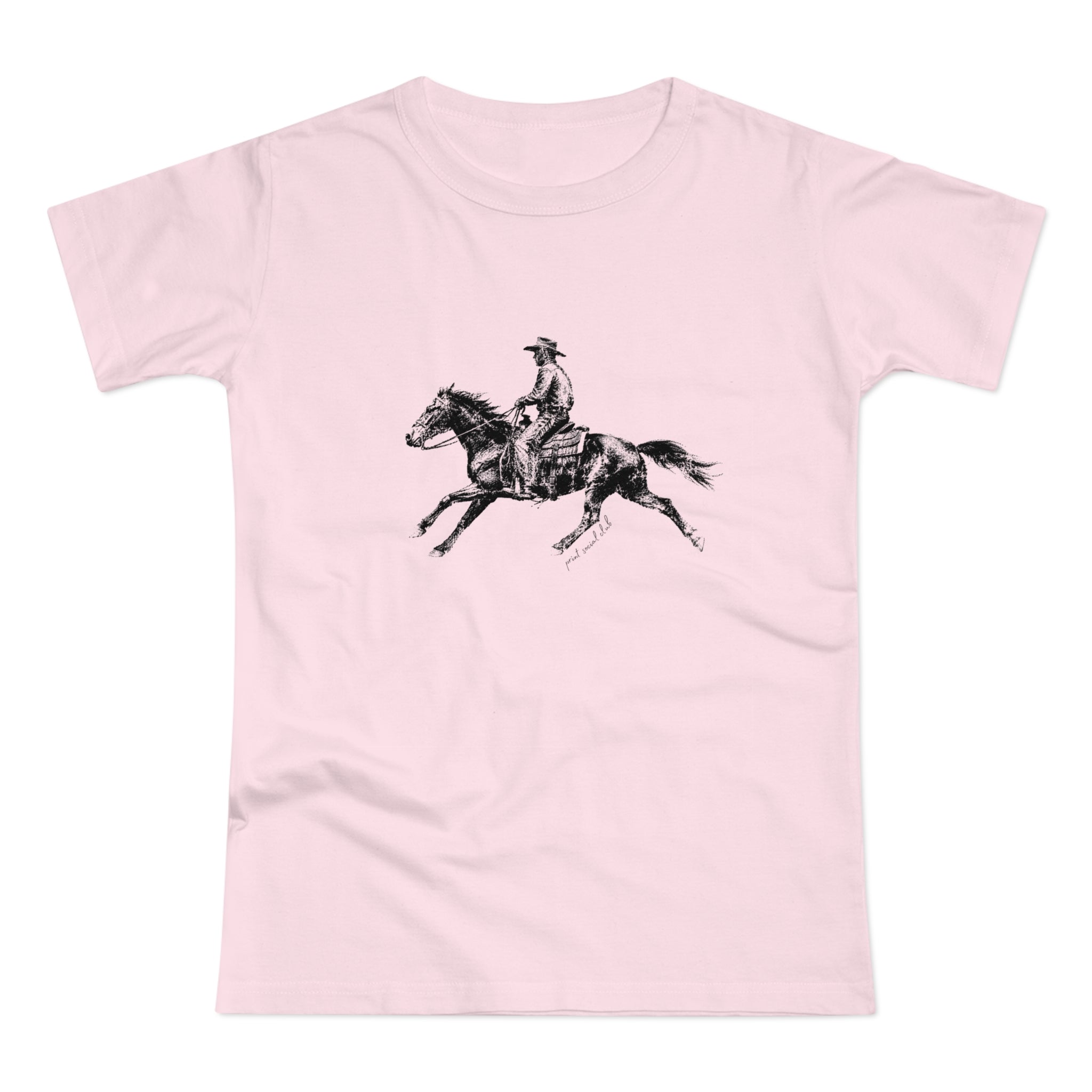 Wild West print on orchid pink women's fitted tee, front view