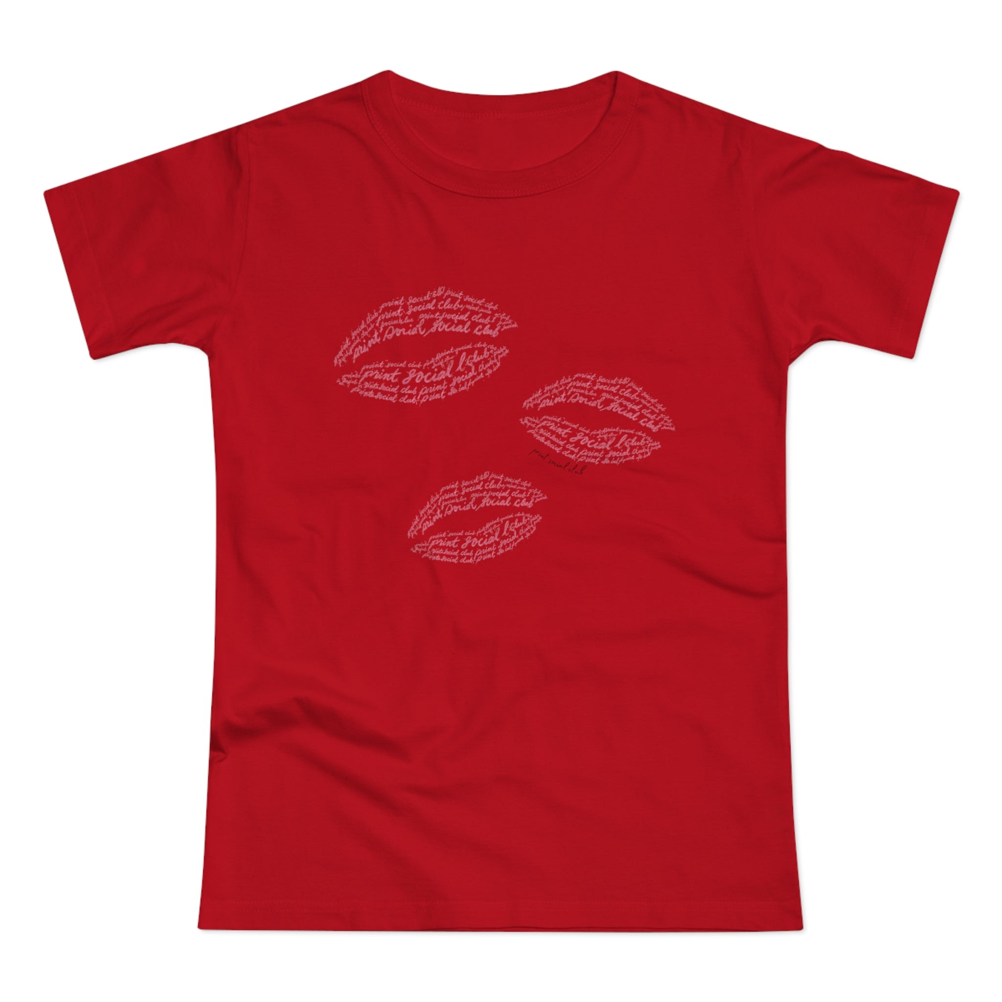 Print Kisses print on red women's fitted tee, front view