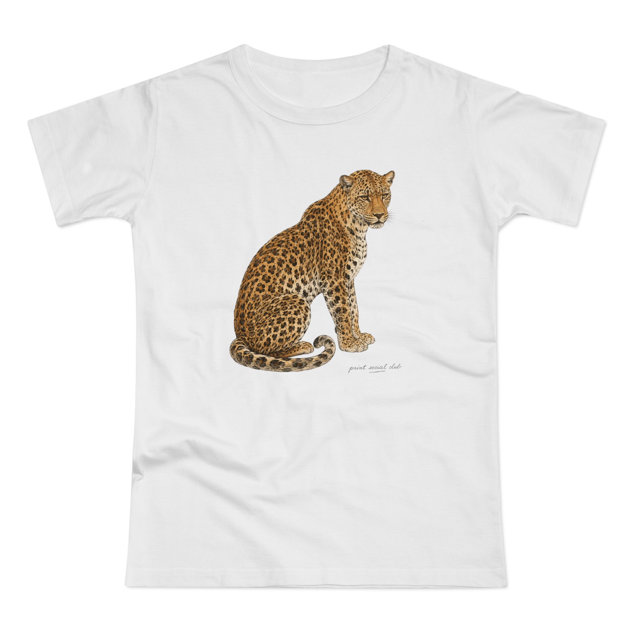 Watercolor Leopard print on white women's fitted tee, front view