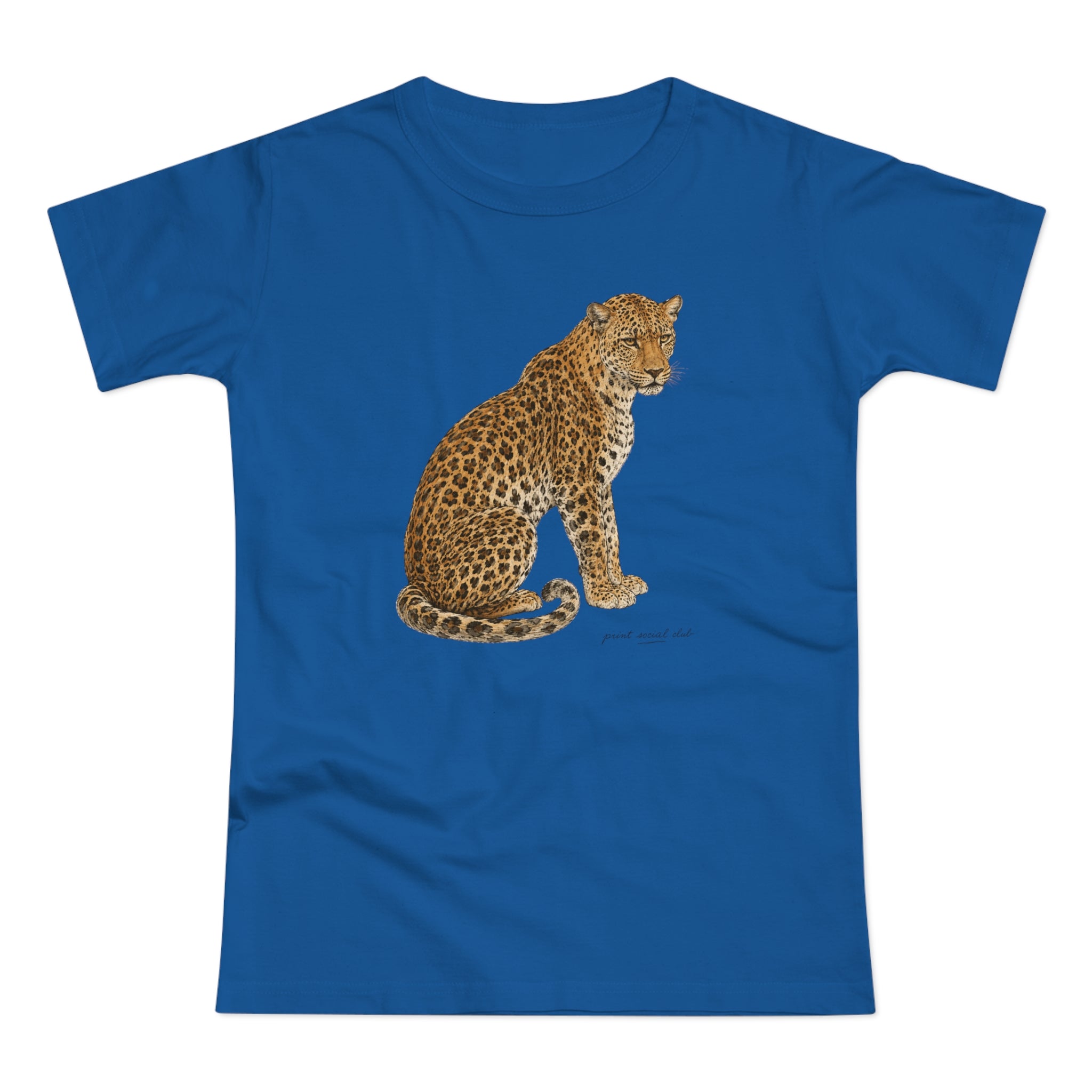 Watercolor Leopard print on royal blue women's fitted tee, front view