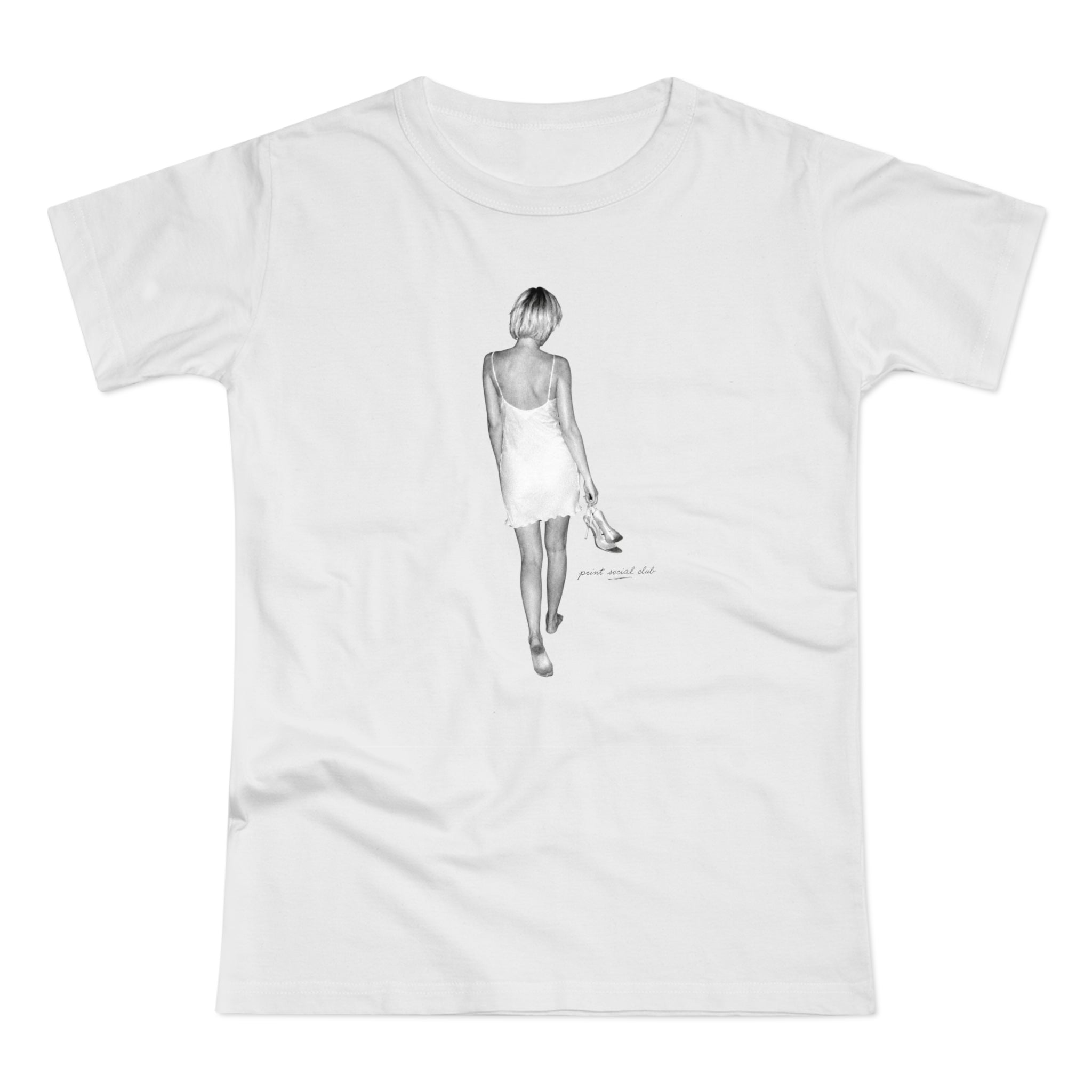 Heels in Hand print on white women's fitted tee, front view