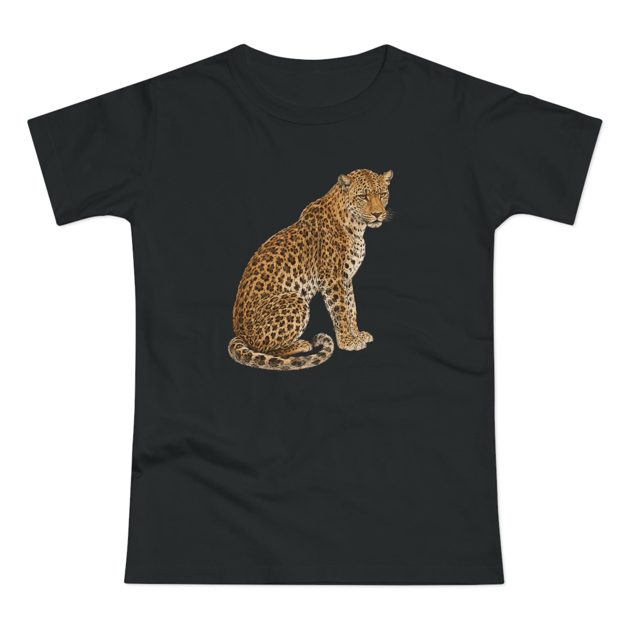 Watercolor Leopard print on black women's fitted tee, front view