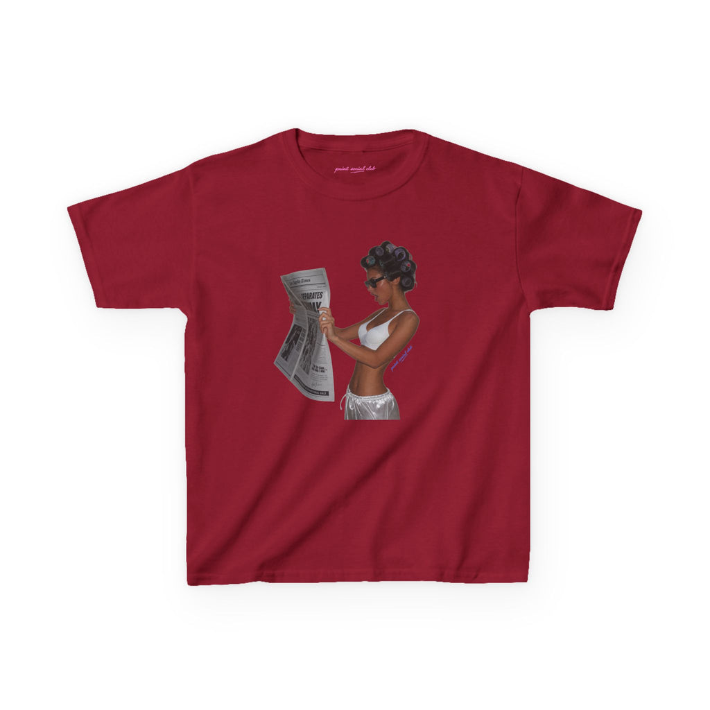 News Baby Tee in Cardinal Red, front