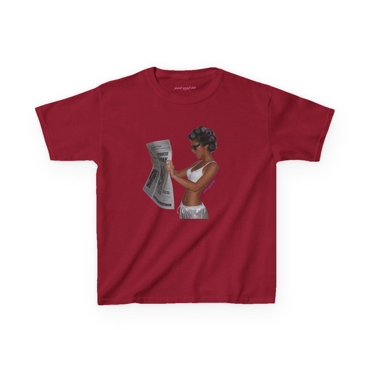News Baby Tee in Cardinal Red, front