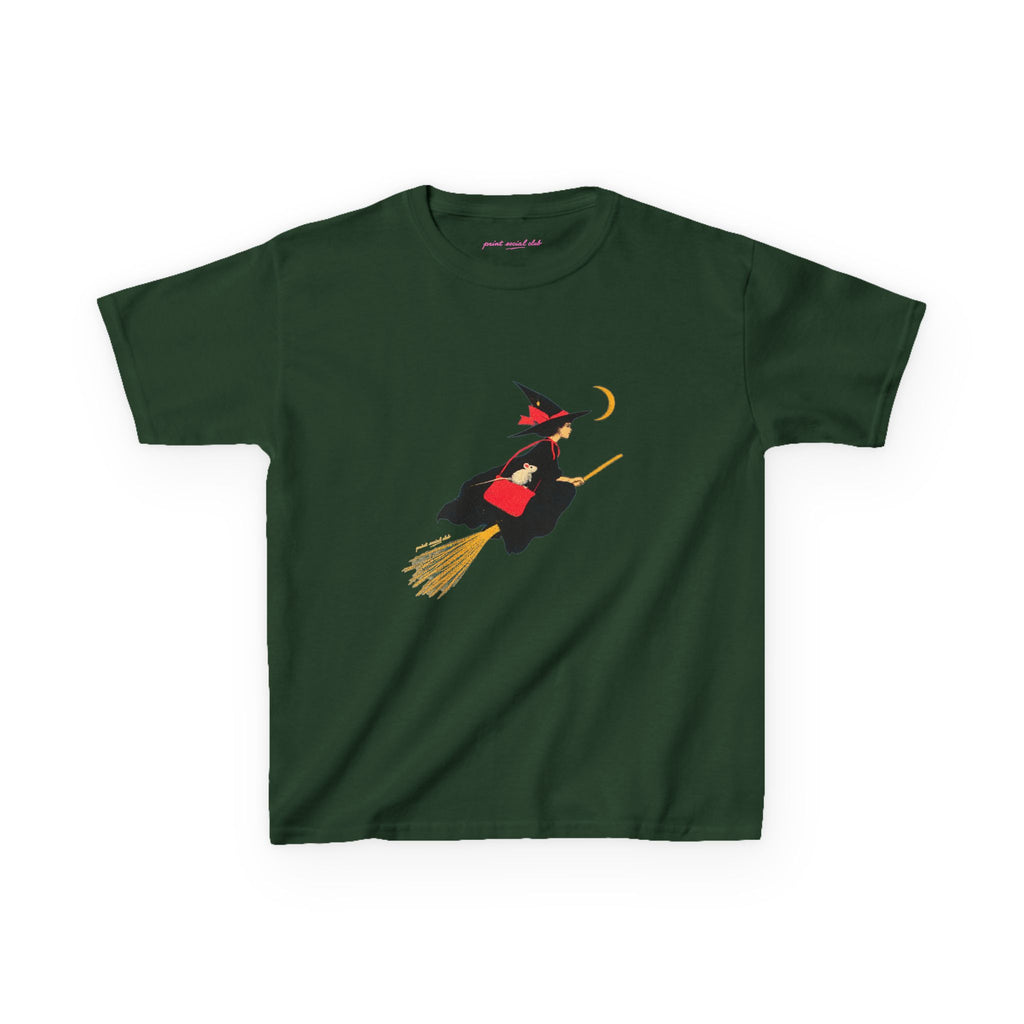 Flying Witch Baby Tee in Forest Green, front