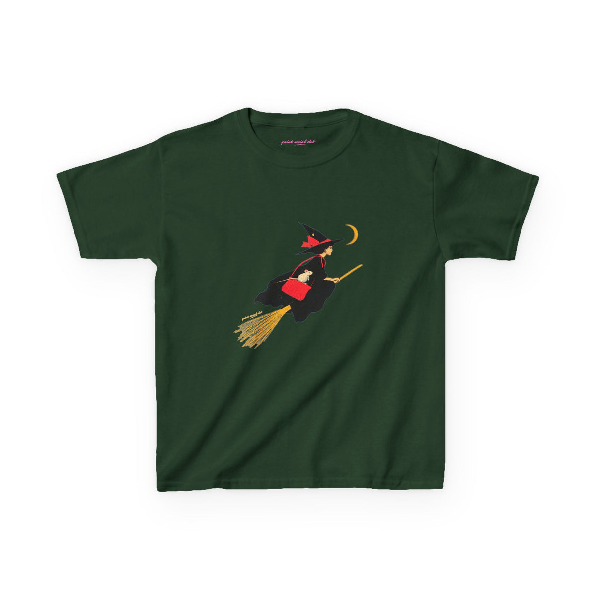 Flying Witch Baby Tee in Forest Green, front
