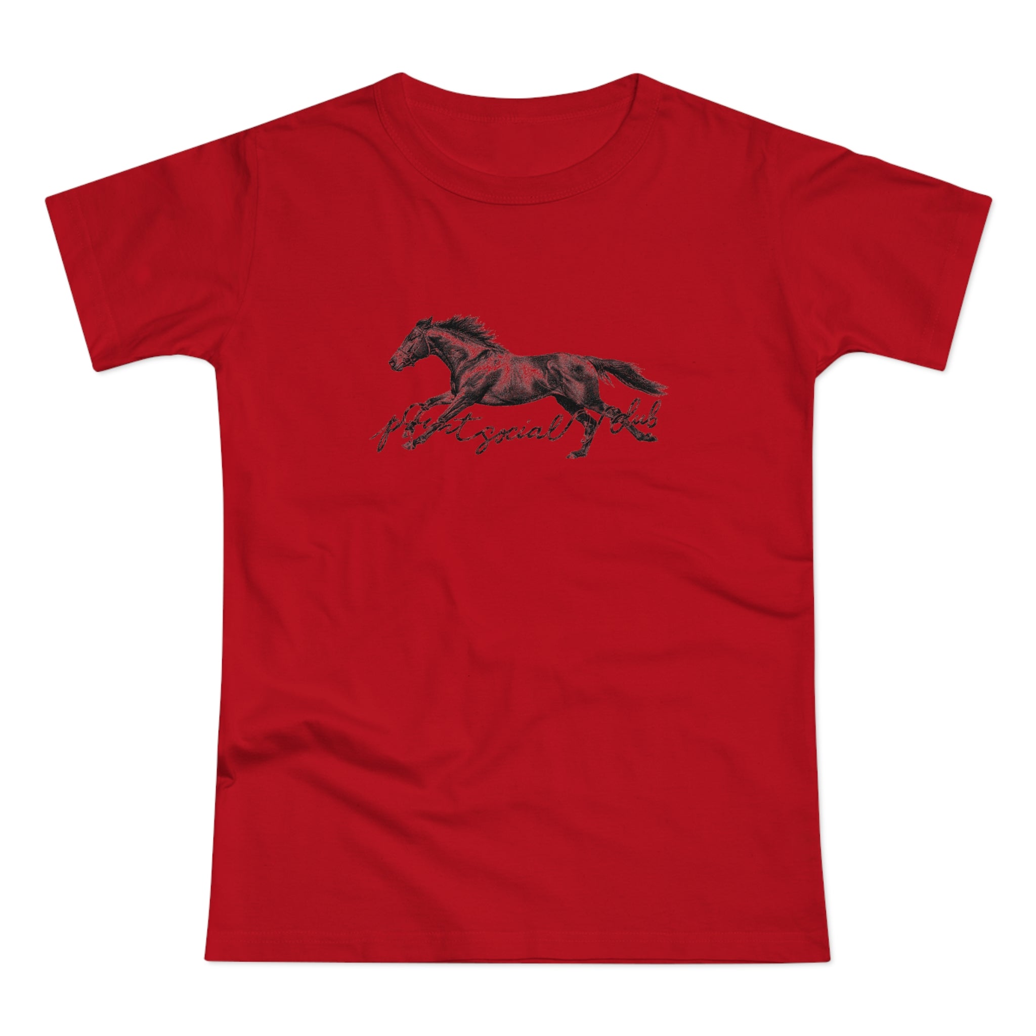 The Horse print on red women's fitted tee, front view