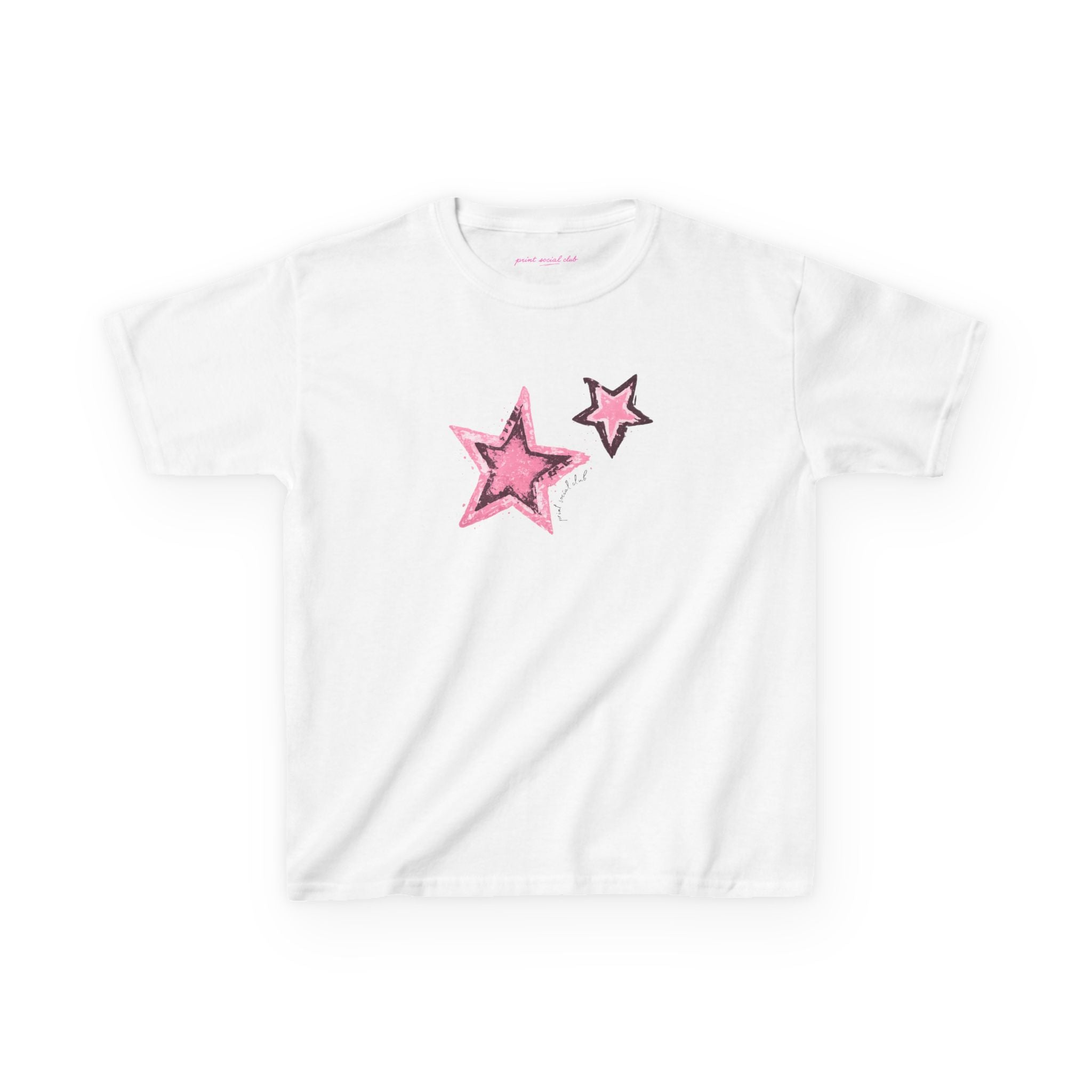 Shooting Stars Pink Baby Tee in White, front
