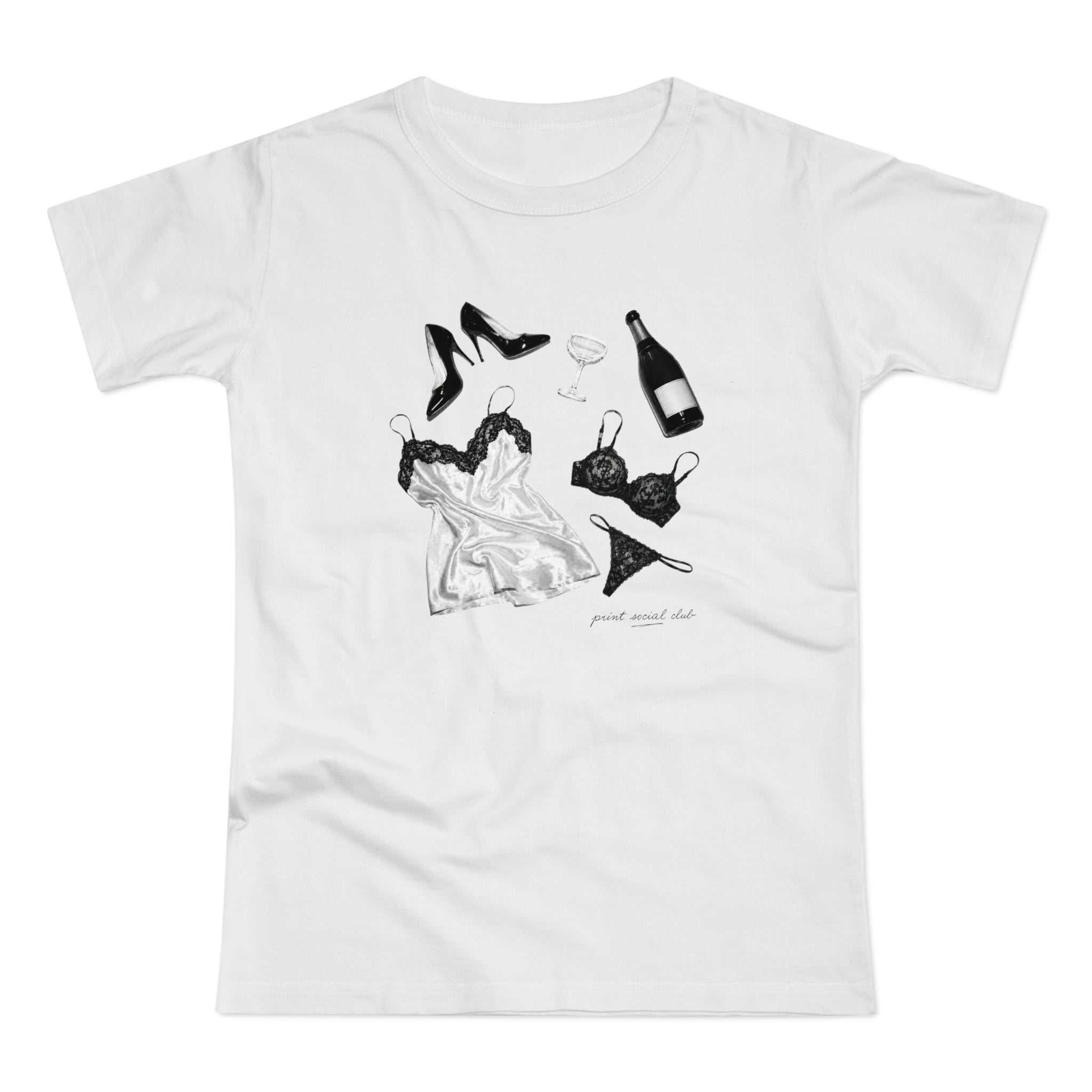 Too Much Champagne print on white women's fitted tee, front view