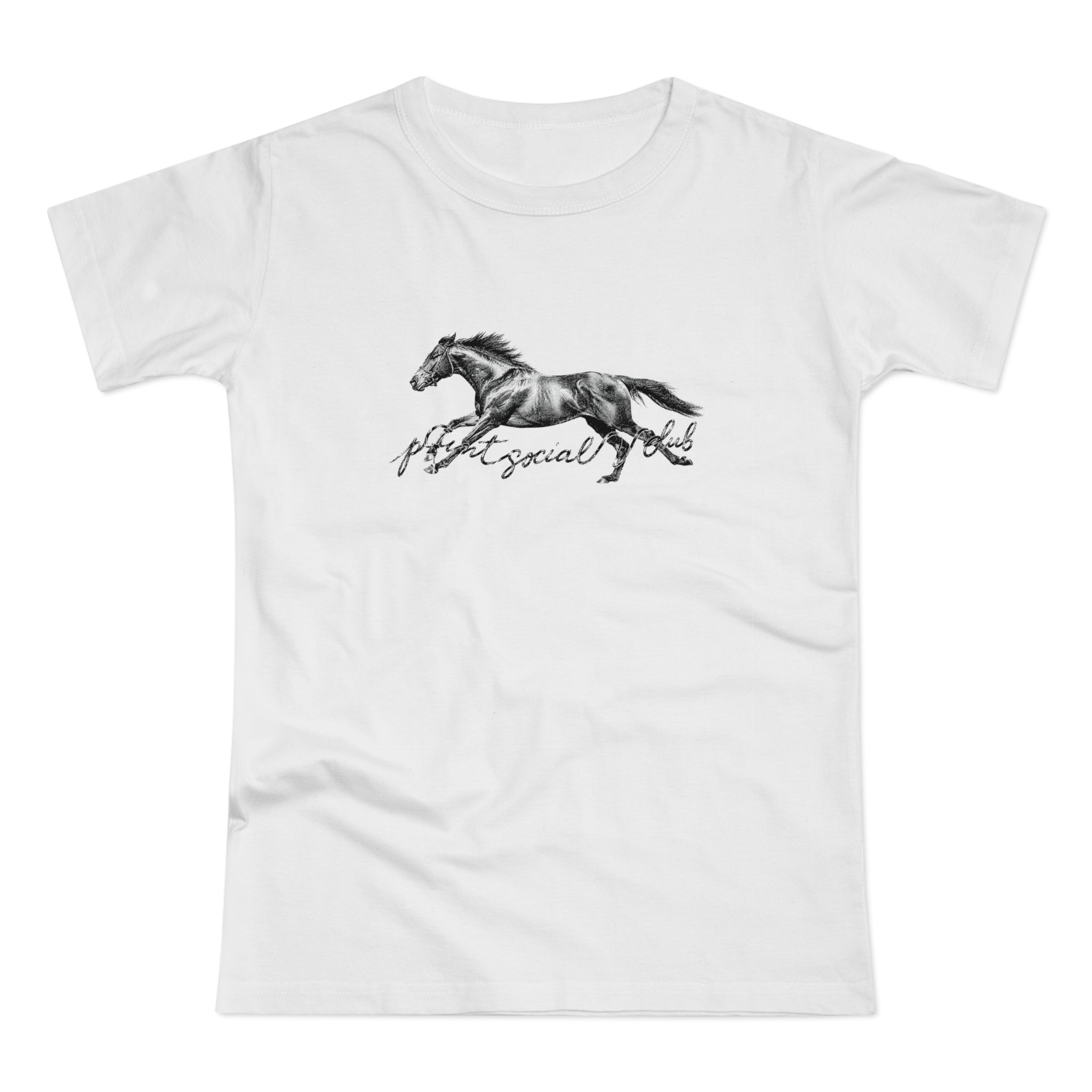 The Horse print on white women's fitted tee, front view