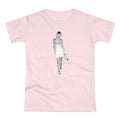 Heels in Hand print on orchid pink women's fitted tee, front view