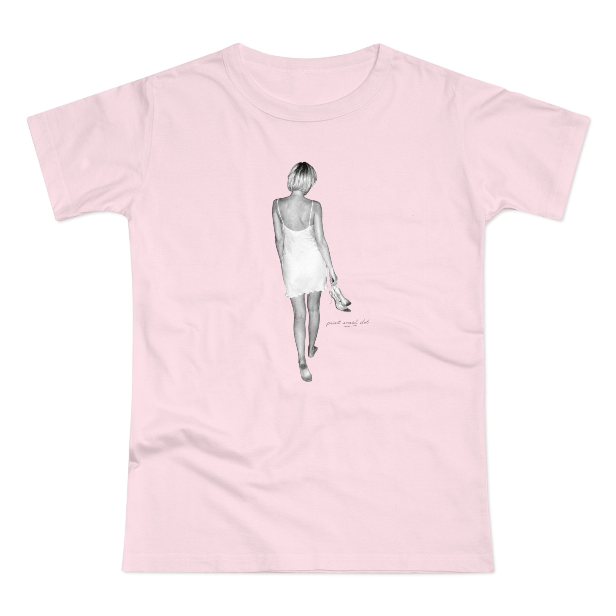 Heels in Hand print on orchid pink women's fitted tee, front view