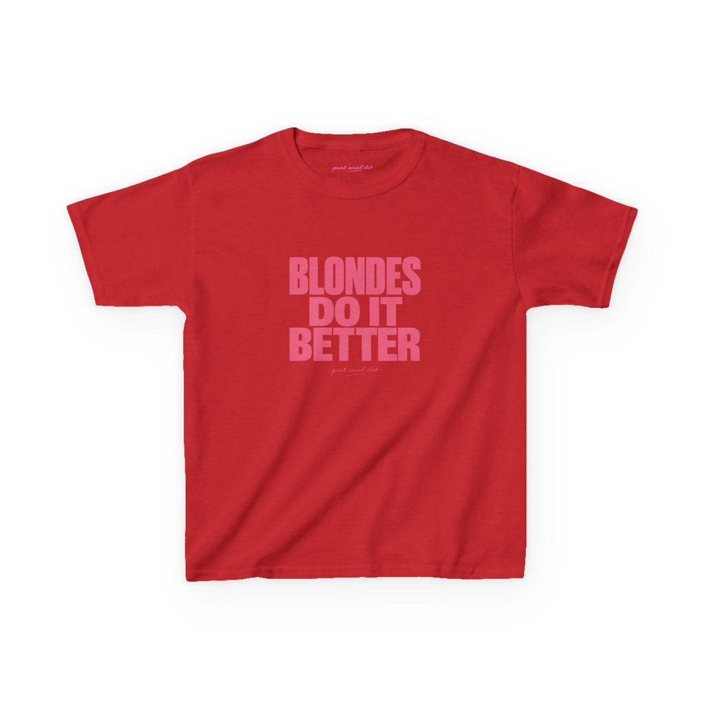 Blondes Do It Better Baby Tee in Red, front