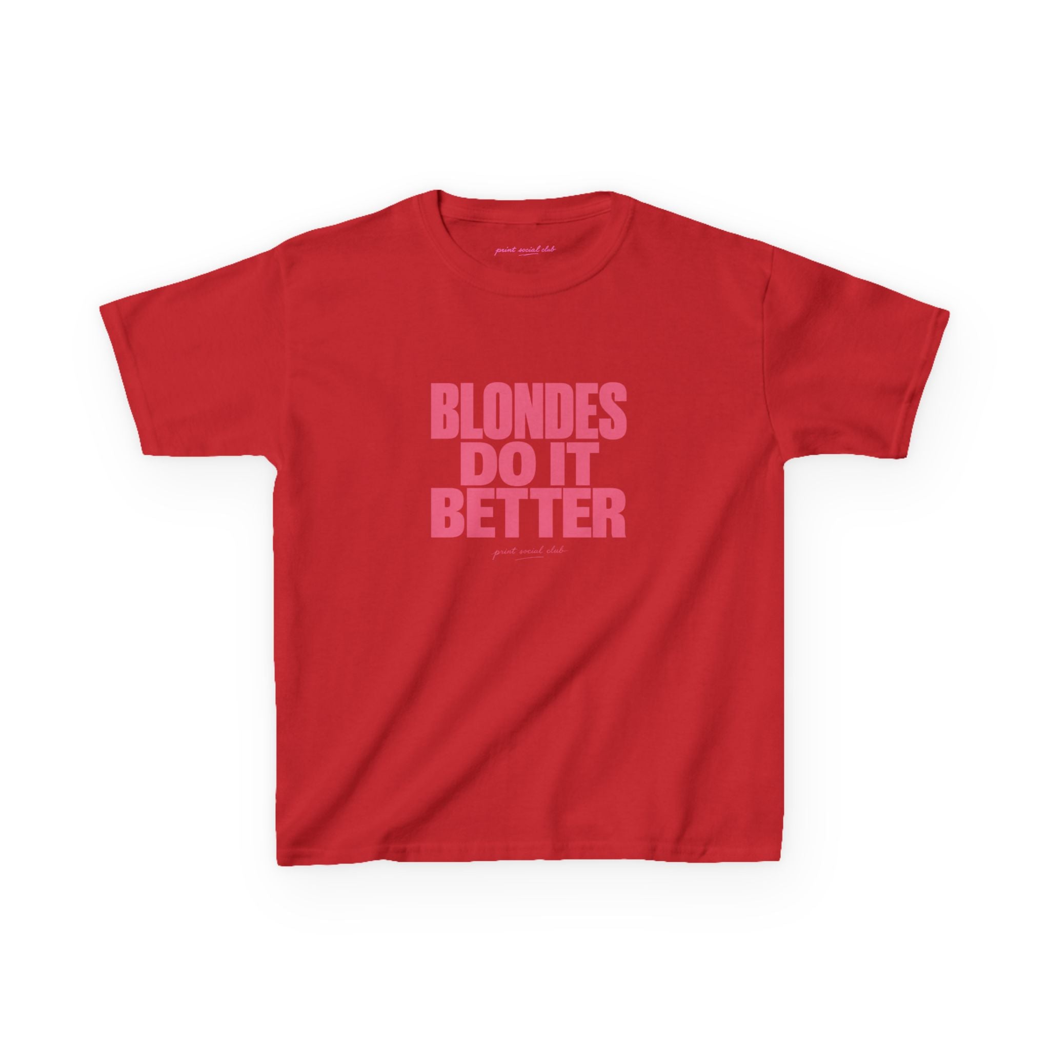 Blondes Do It Better Baby Tee in Red, front