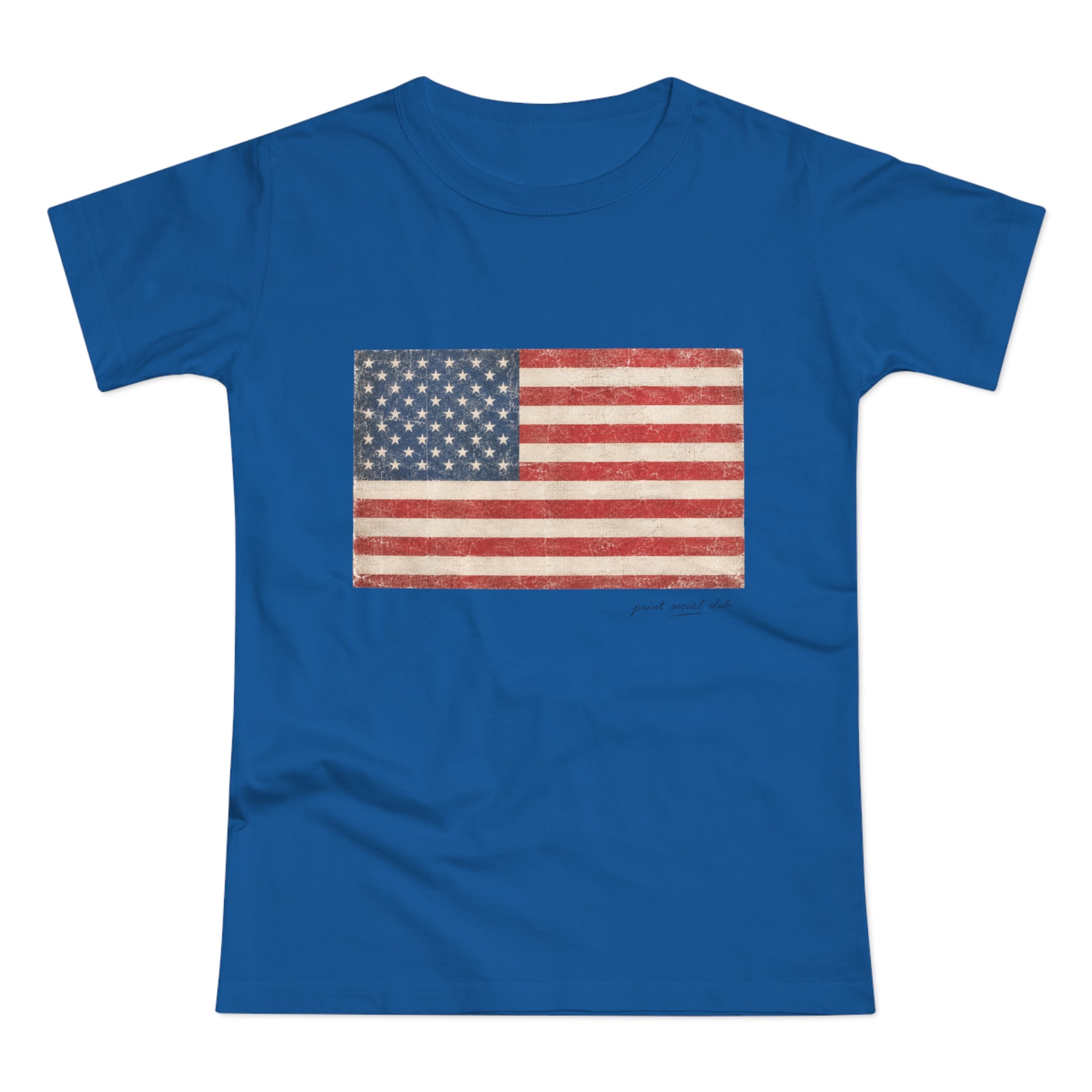 American Tee print on royal blue women's fitted tee, front view
