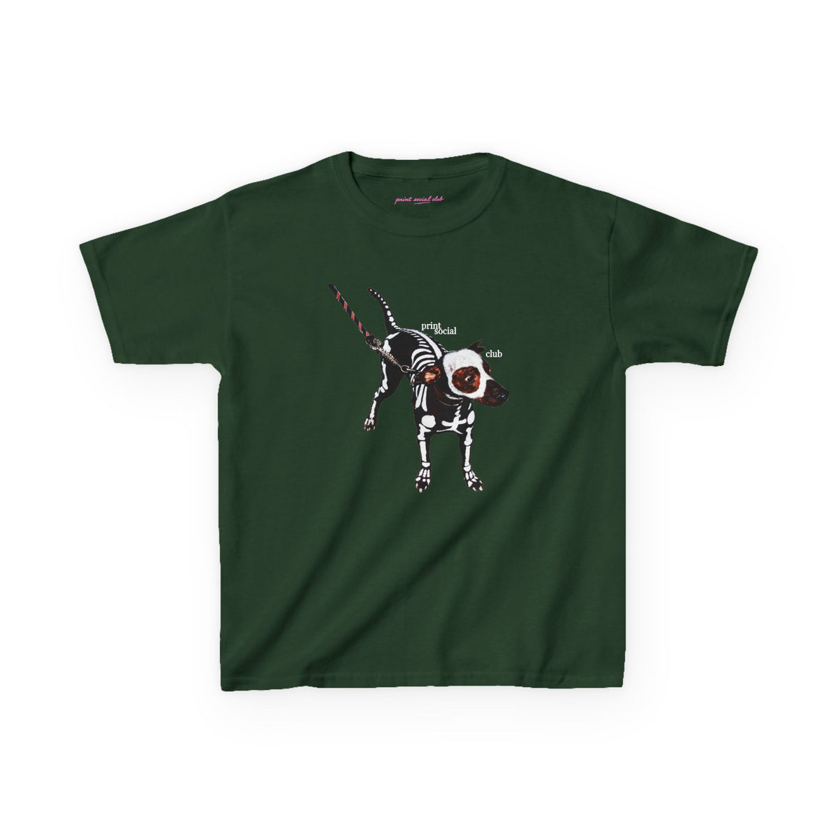 Skeleton Dog Baby Tee in Forest Green, front