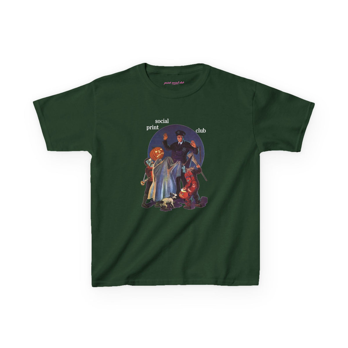 Trick Or Treaters Baby Tee in Forest Green, front