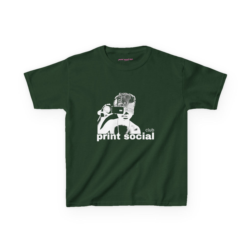 Camera Kid Baby Tee in Forest Green, front