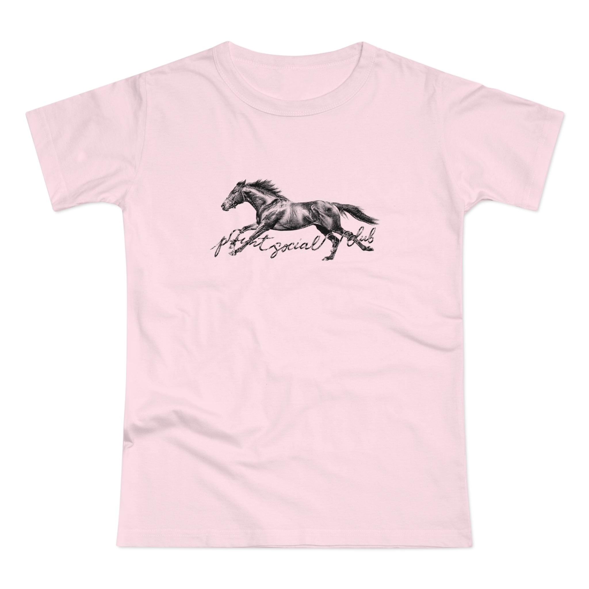 The Horse print on orchid pink women's fitted tee, front view
