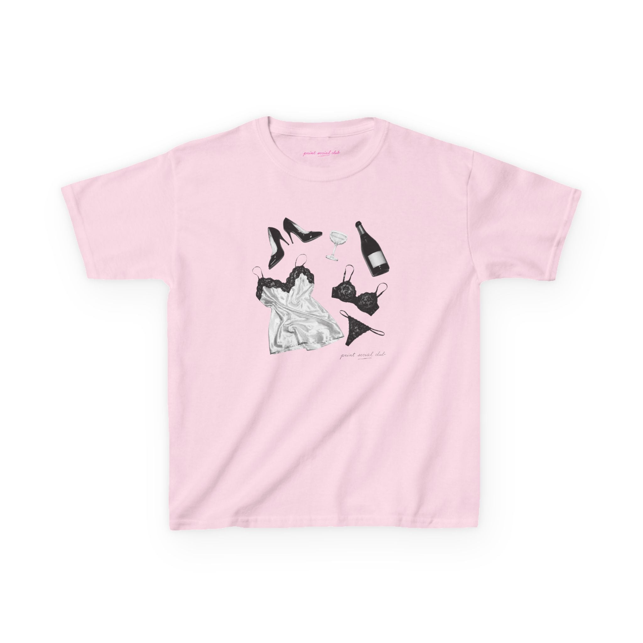 Too Much Champagne Baby Tee in Light Pink, front