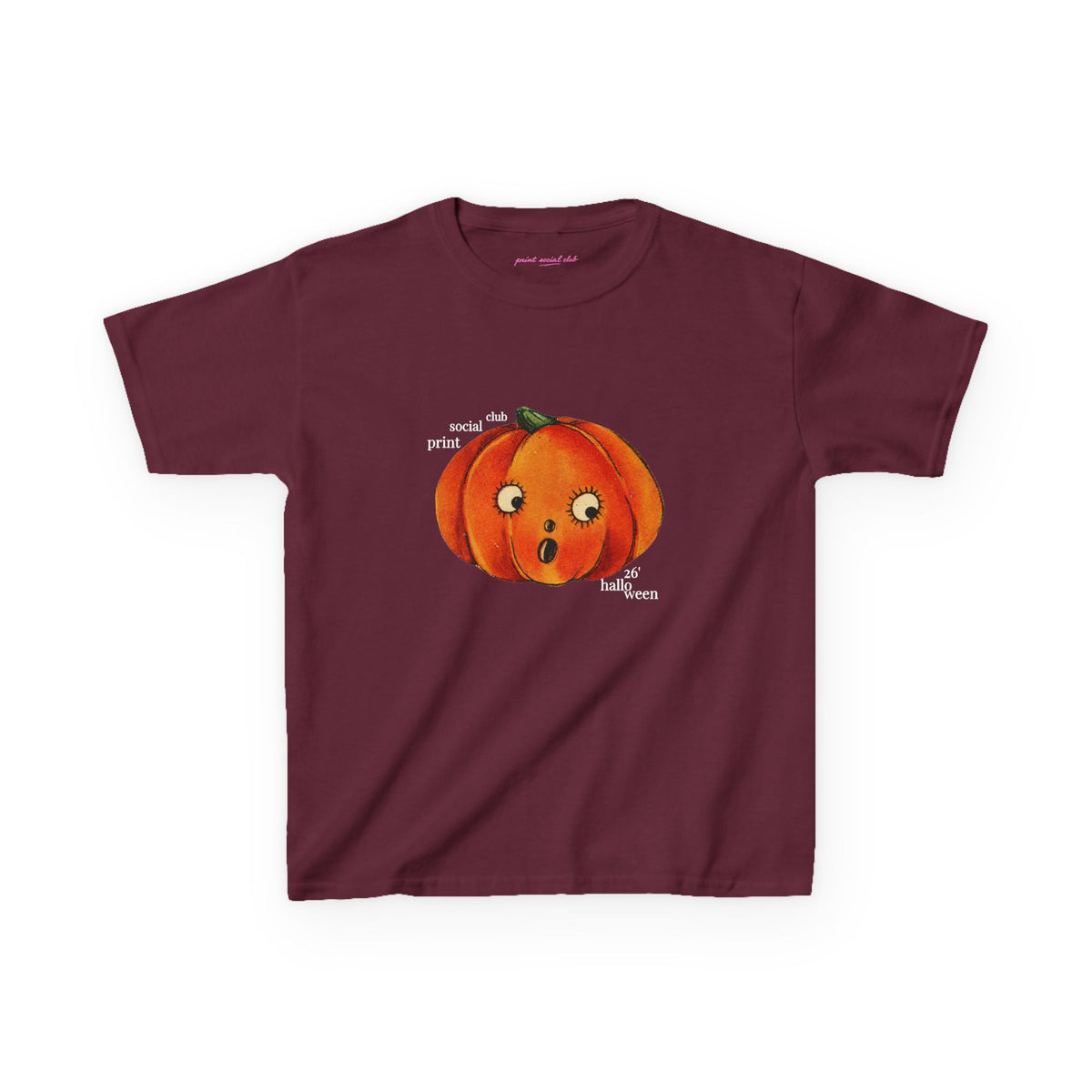 Halloween 26 Baby Tee in Maroon, front