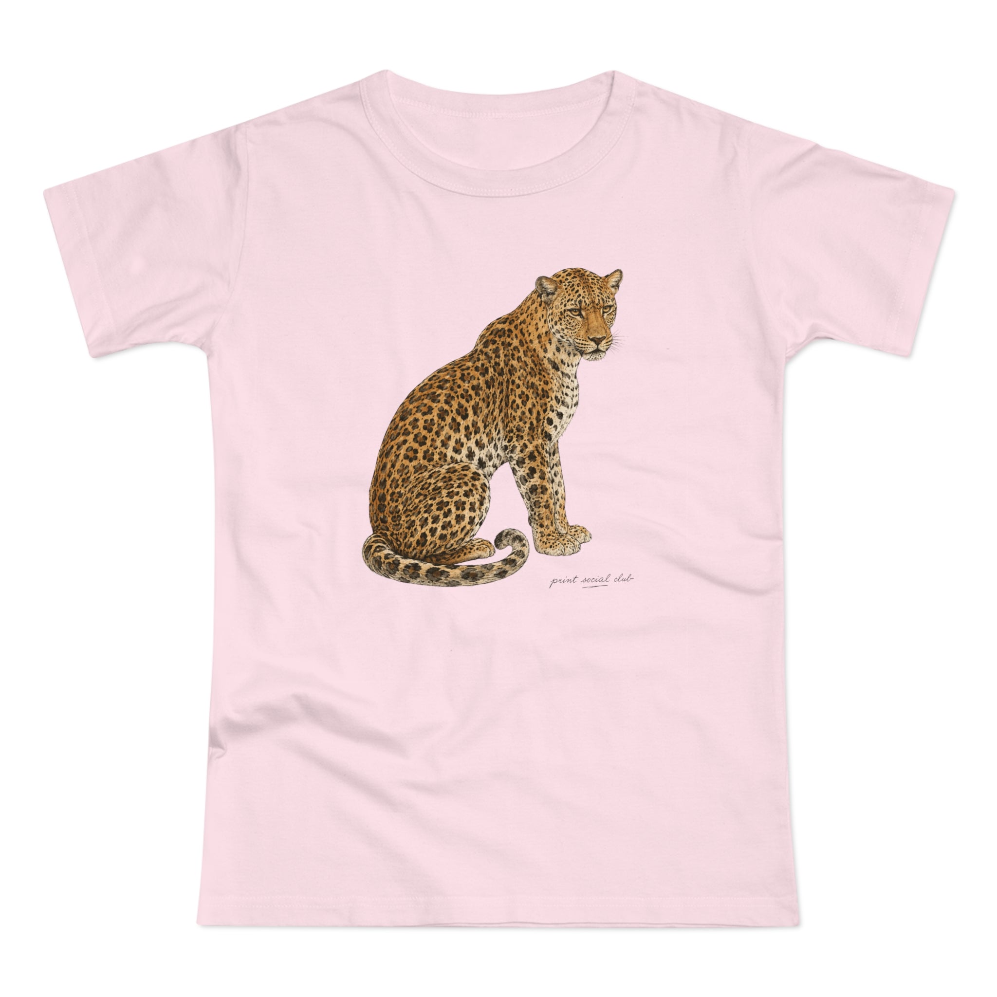 Watercolor Leopard print on orchid pink women's fitted tee, front view