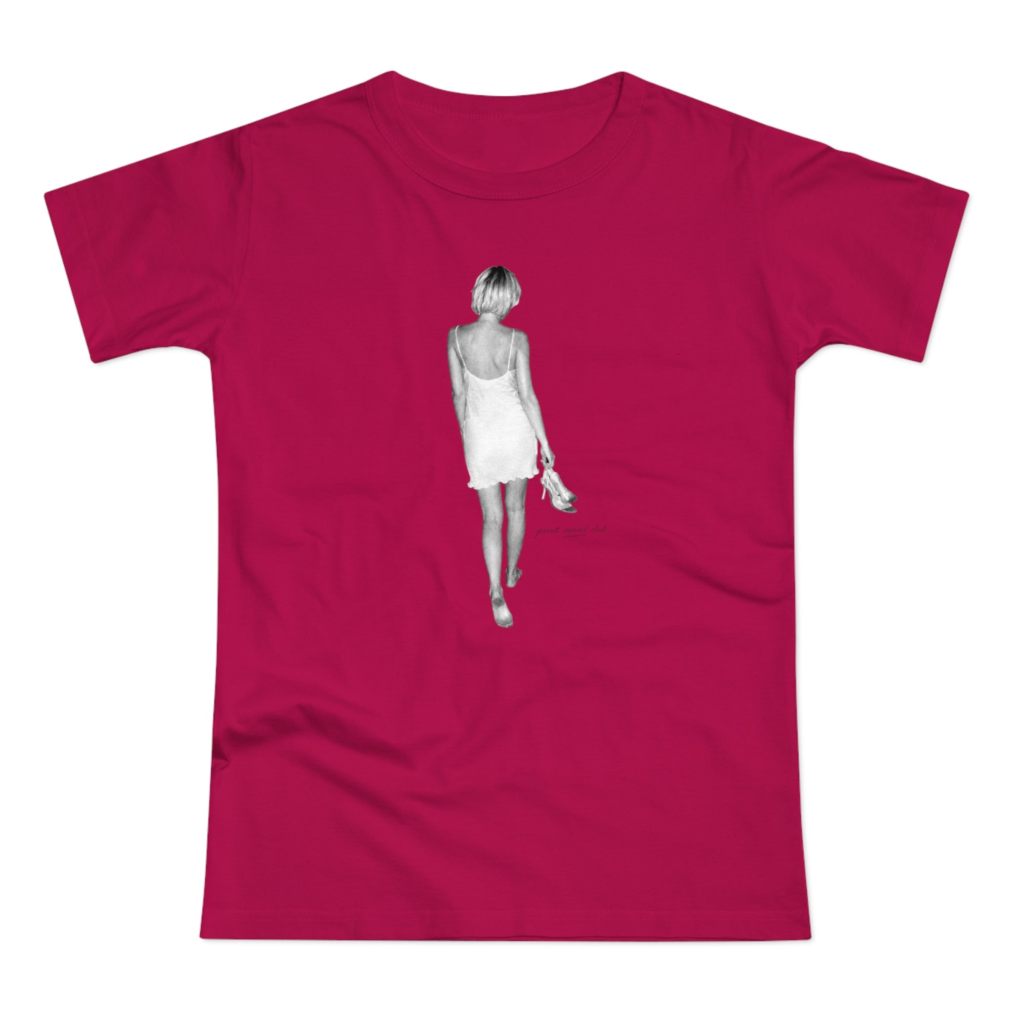 Heels in Hand print on sorbet women's fitted tee, front view