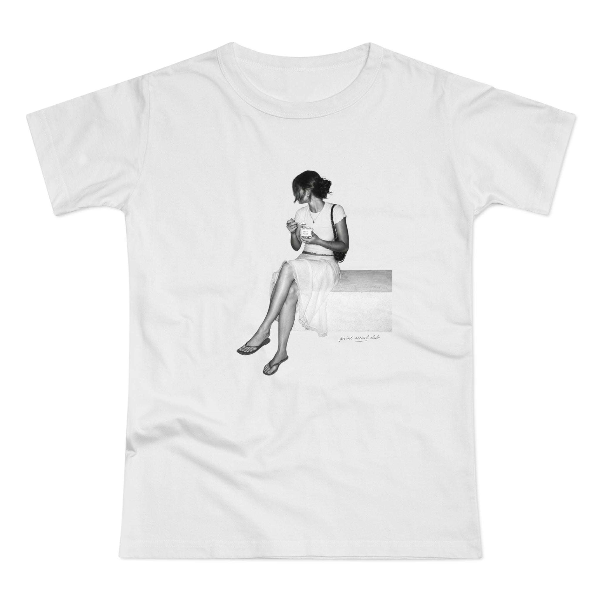 Gelato Hour print on white women's fitted tee, front view