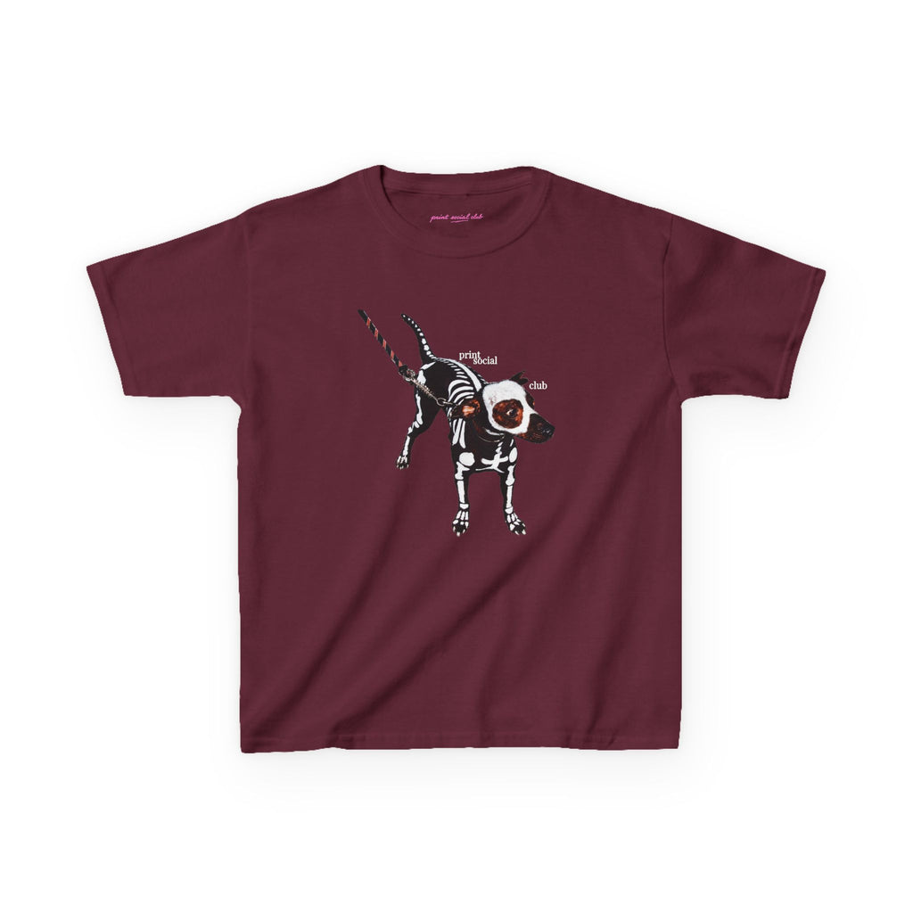 Skeleton Dog Baby Tee in Maroon, front