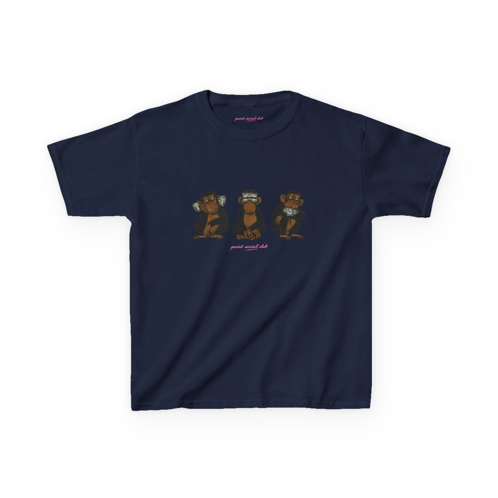 Wise Monkeys Baby Tee - double sided in Navy, front