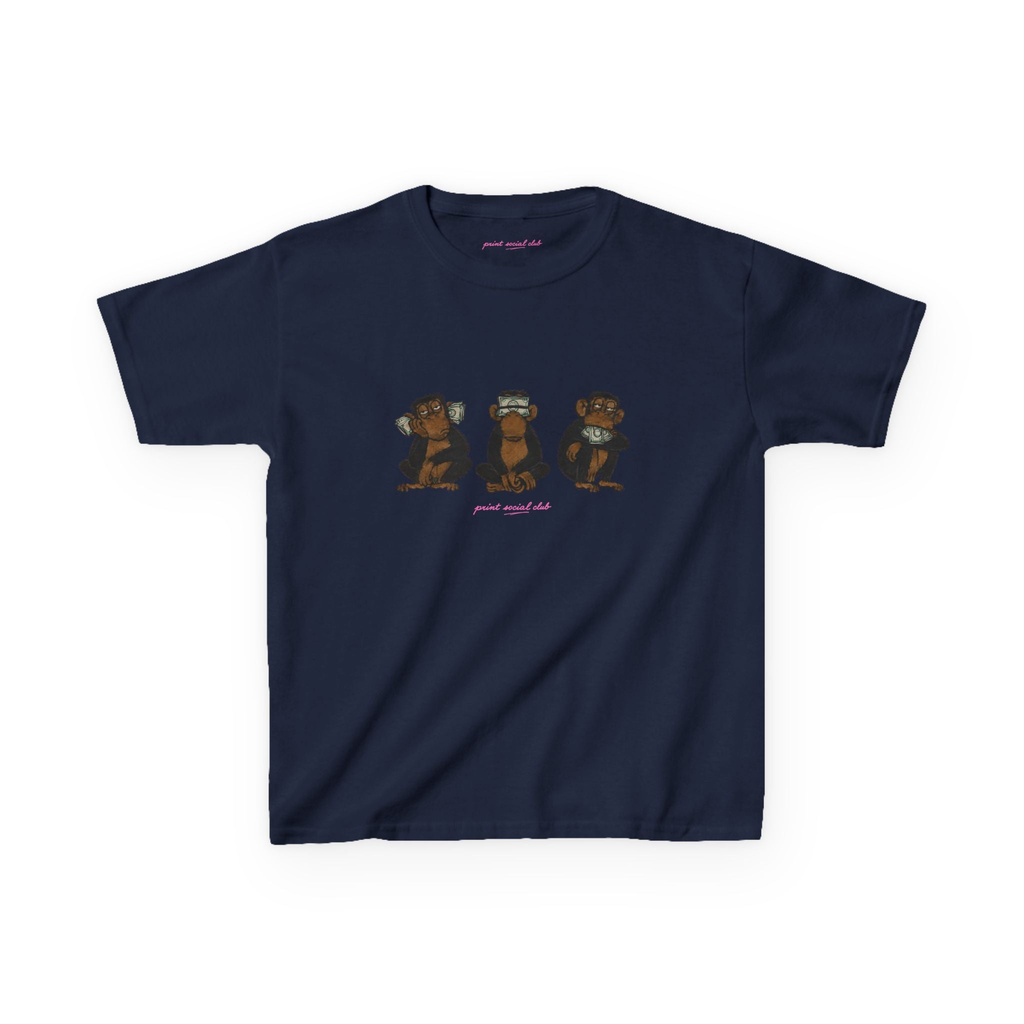 Wise Monkeys Baby Tee - double sided in Navy, front