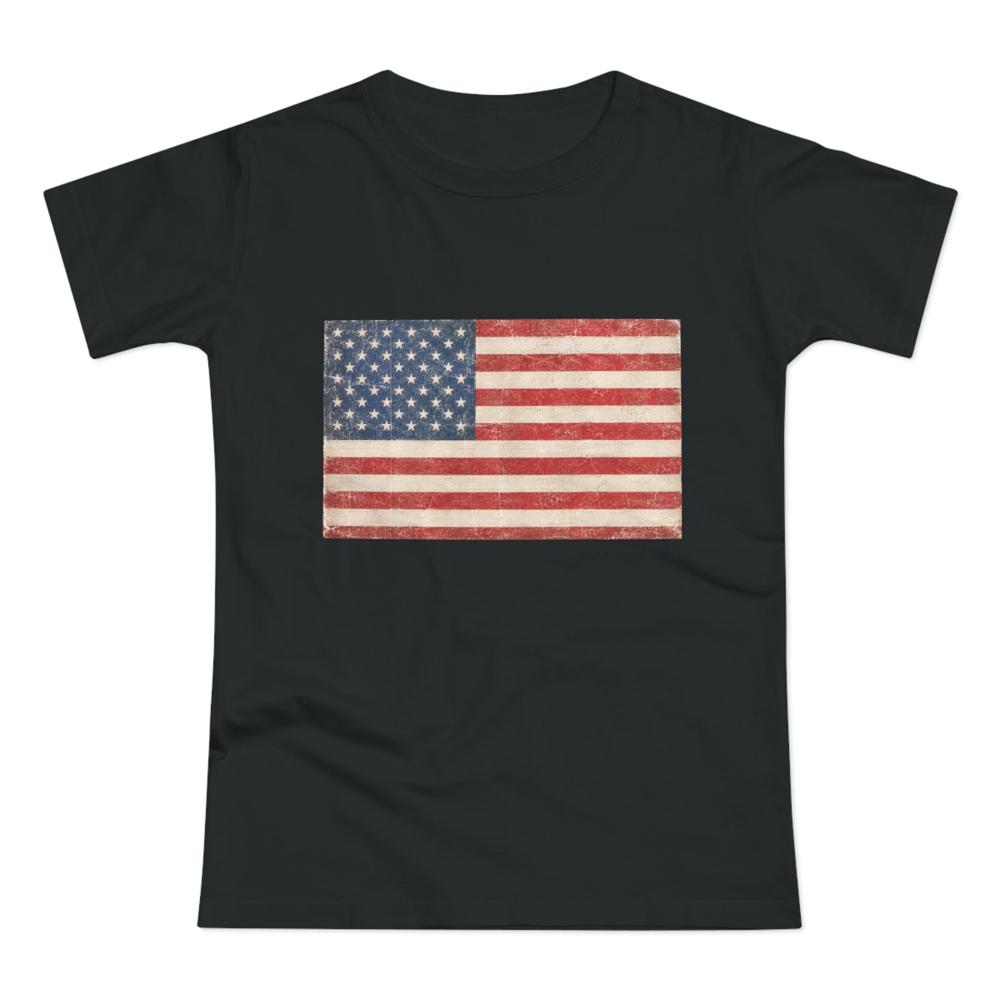 American Tee print on black women's fitted tee, front view