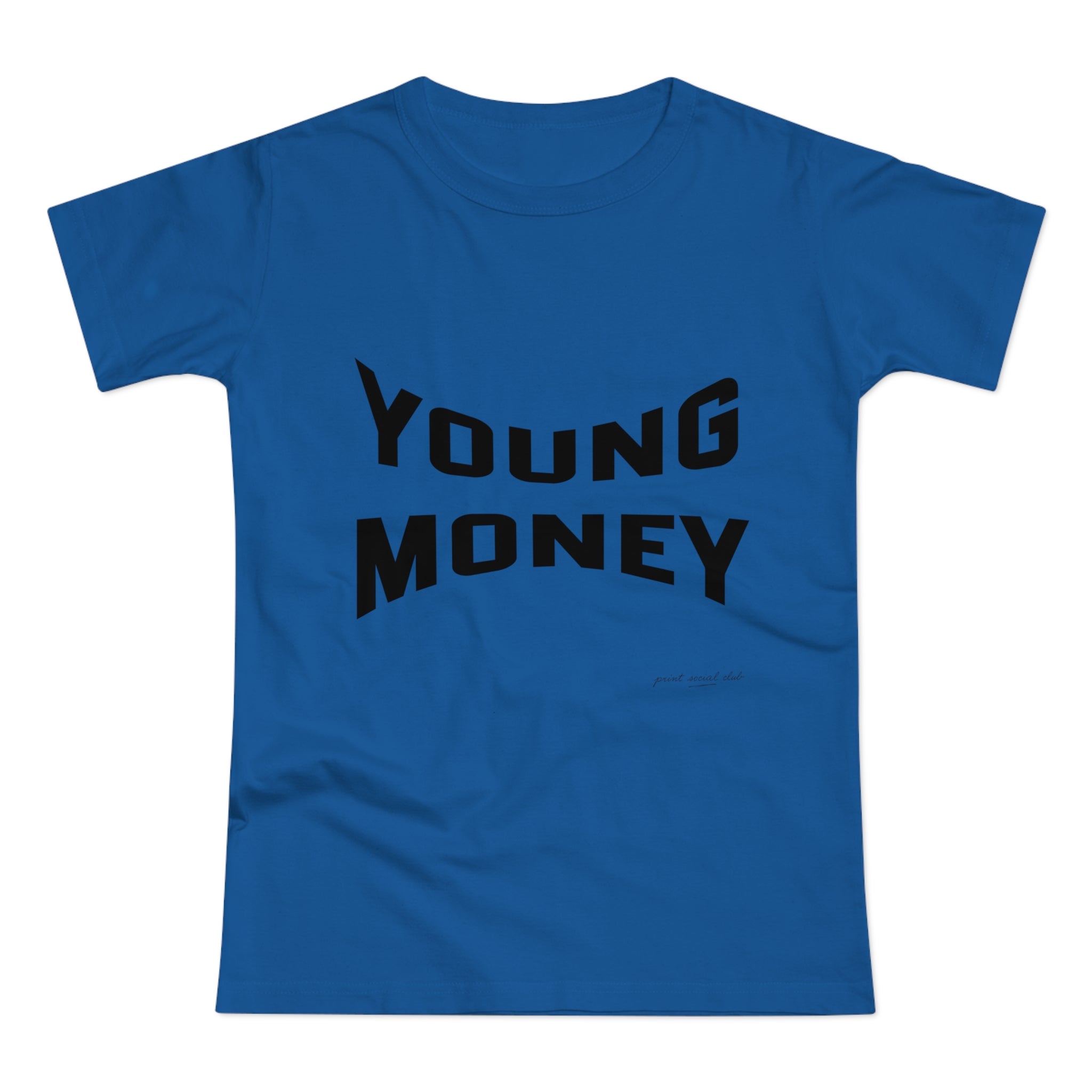 Young Money print on royal blue women's fitted tee, front view