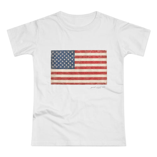 American Tee print on white women's fitted tee, front view