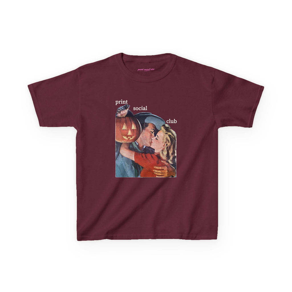 Pumpkin Kiss Baby Tee in Maroon, front