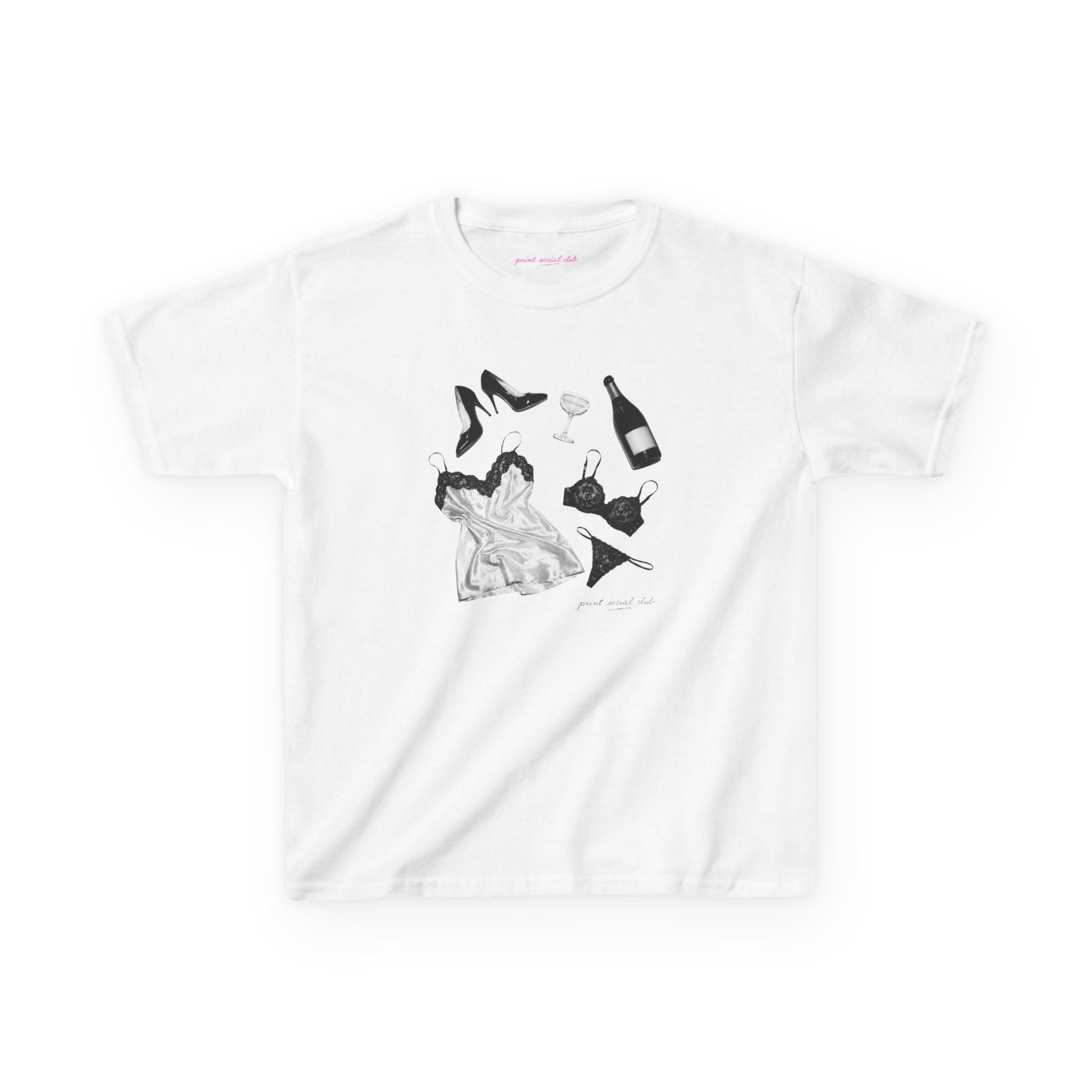 Too Much Champagne Baby Tee, front