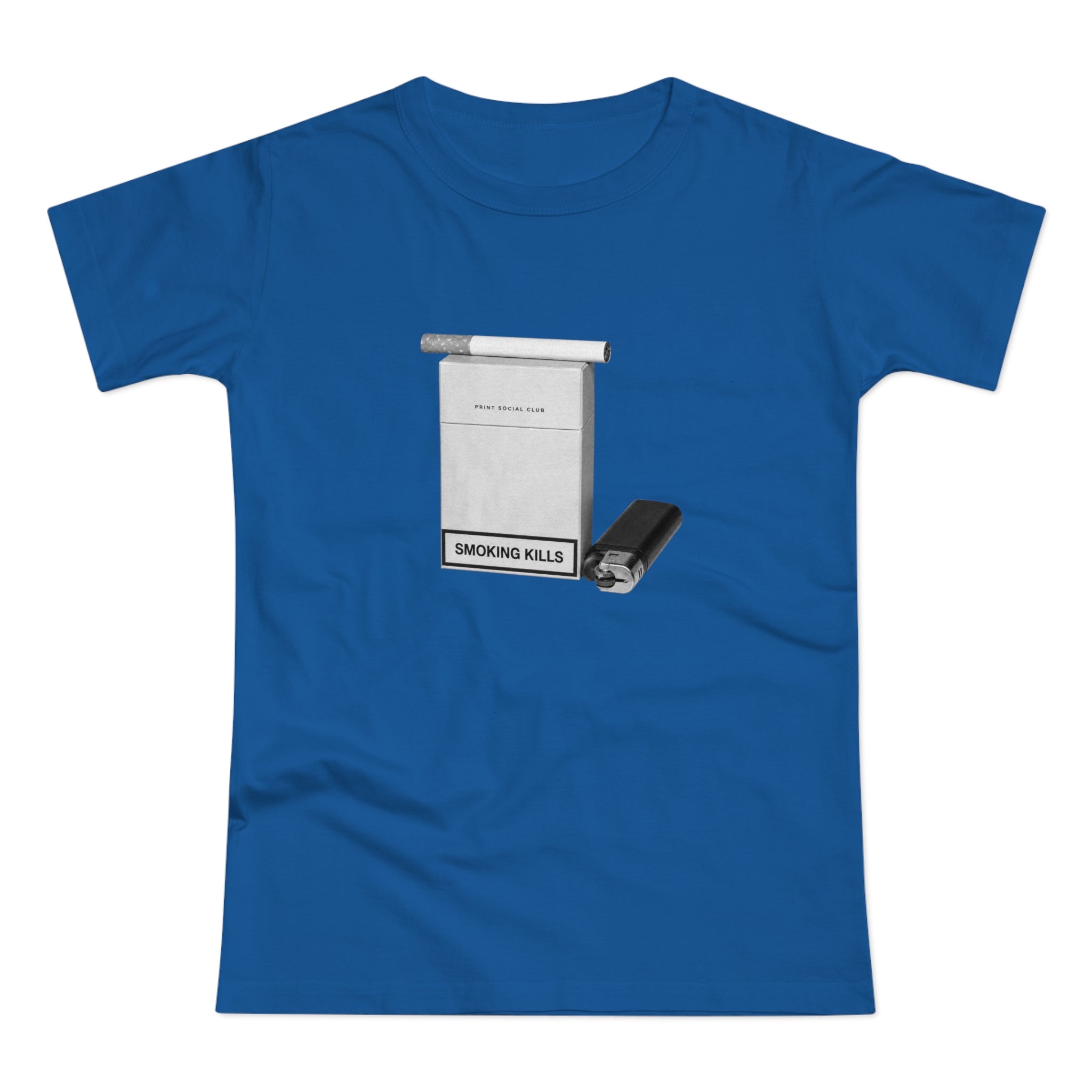 Smoking Kills print on royal blue women's fitted tee, front view