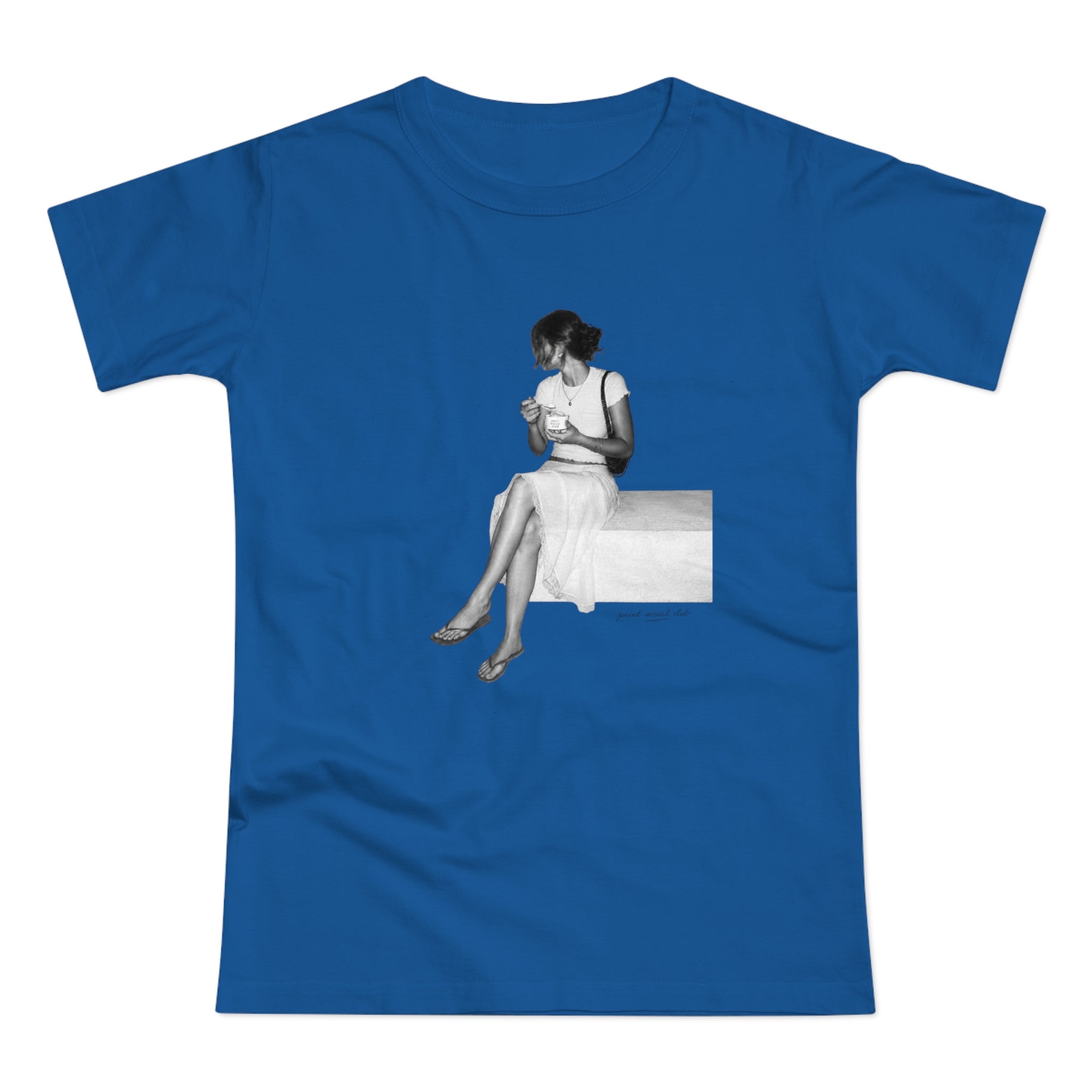 Gelato Hour print on royal blue women's fitted tee, front view