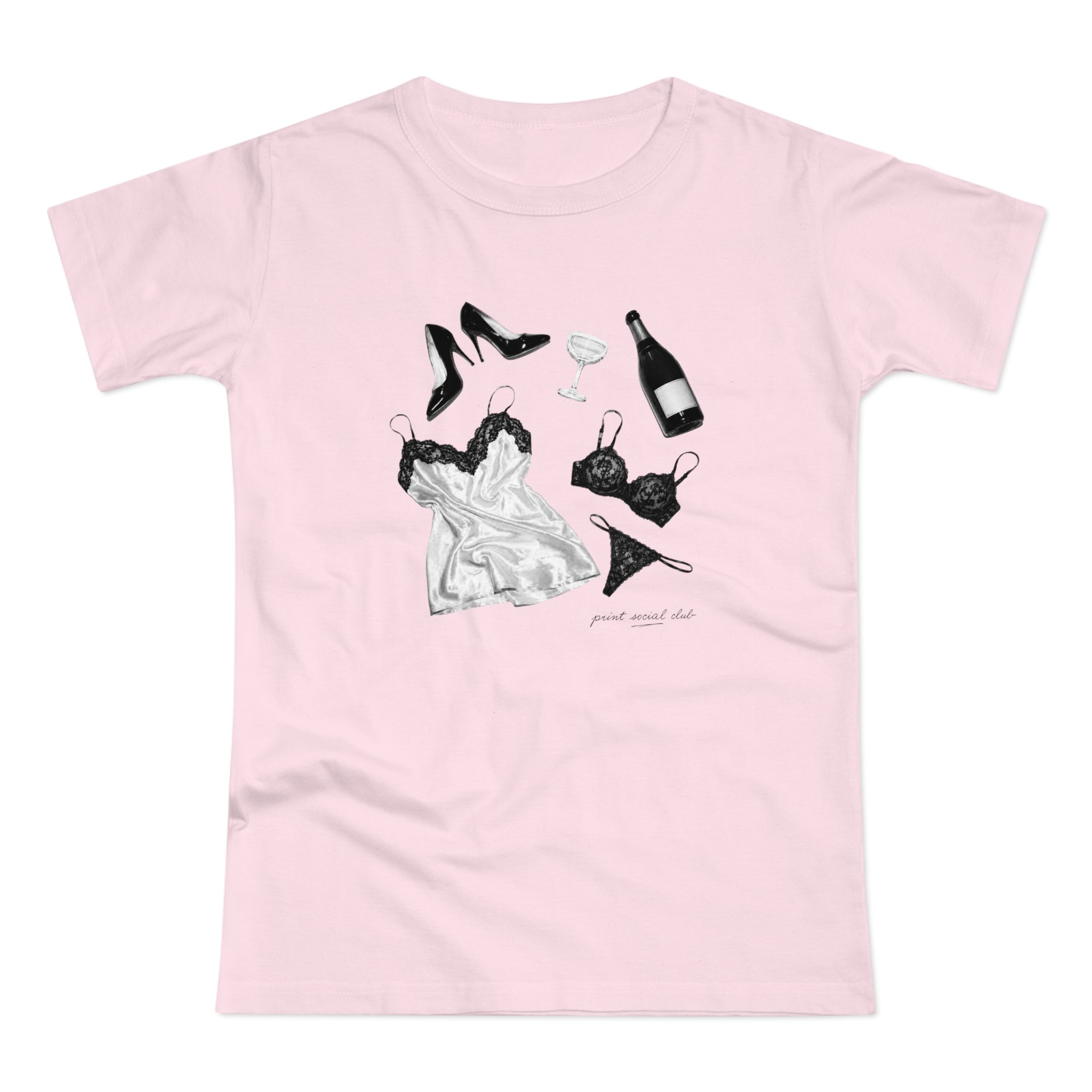 Too Much Champagne print on orchid pink women's fitted tee, front view