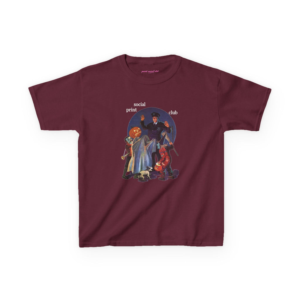 Trick Or Treaters Baby Tee in Maroon, front