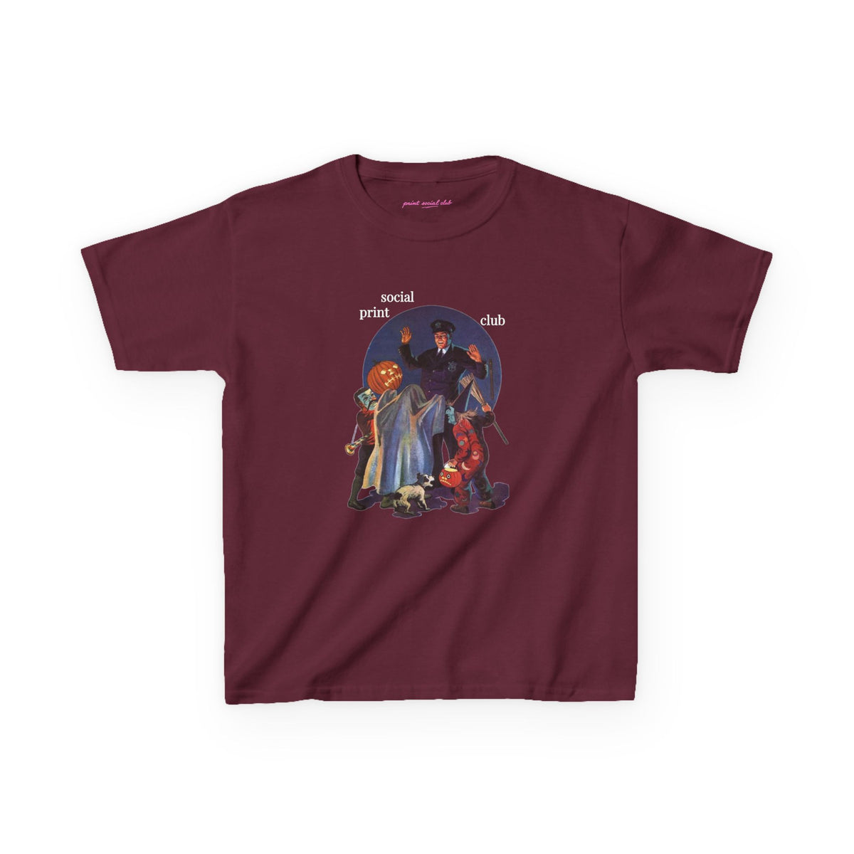 Trick Or Treaters Baby Tee in Maroon, front